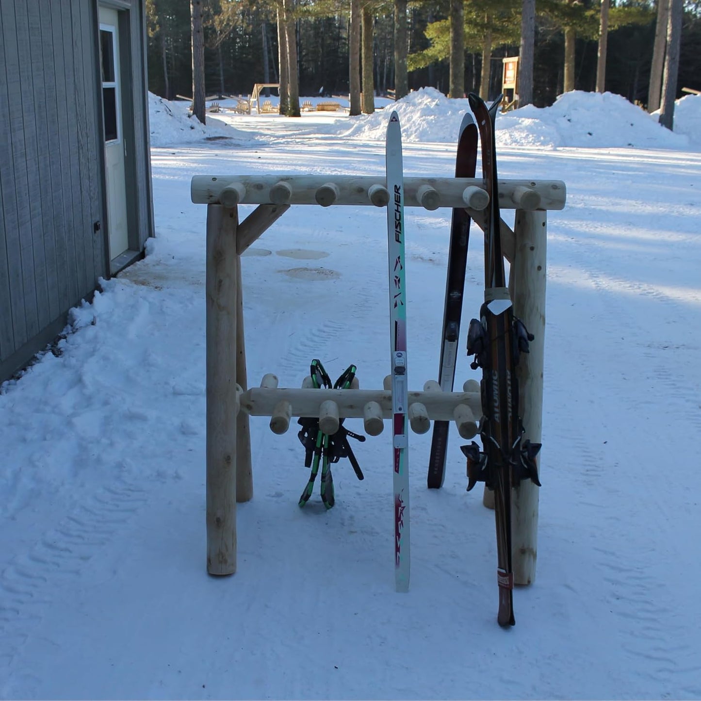 13-Place Freestanding Log Ski Rack Holder, Indoor & Outdoor Snowboard Racks, Standing Storage, Garage Racks for Snow Skis & Poles, Snowboard Rack Garage Storage Organizer - Unfinished + 15" Anchor Kit