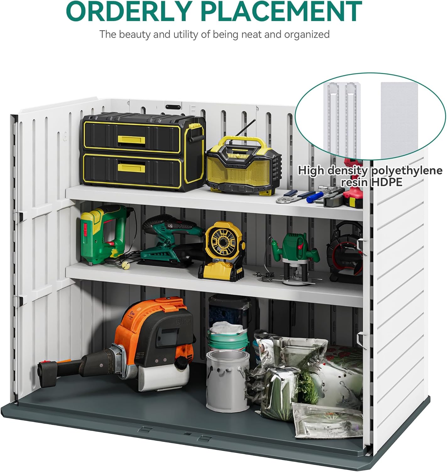 YITAHOME Resin Storage Shed Shelves for 35 Cuft Horizontal Storage Sheds, 47 in x 12.6 in Waterproof Rack with 8 Screws for 4x2.5 Ft Horizontal Garden Storage Accessories, Easy Assembly, 2PCS, Gray