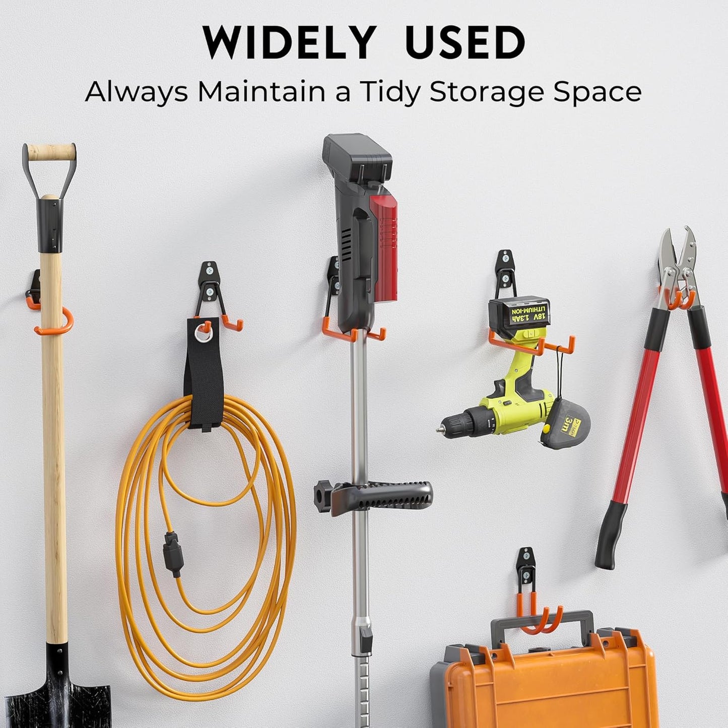 BONTEC Heavy Duty Garage Hooks, Anti-Slip Coated Black Steel with Strong Load Capacity, Multi-Sized U and J Hooks, Easy Wall Mount for Garage, Garden, Workshop (Orange, 18 Pack)