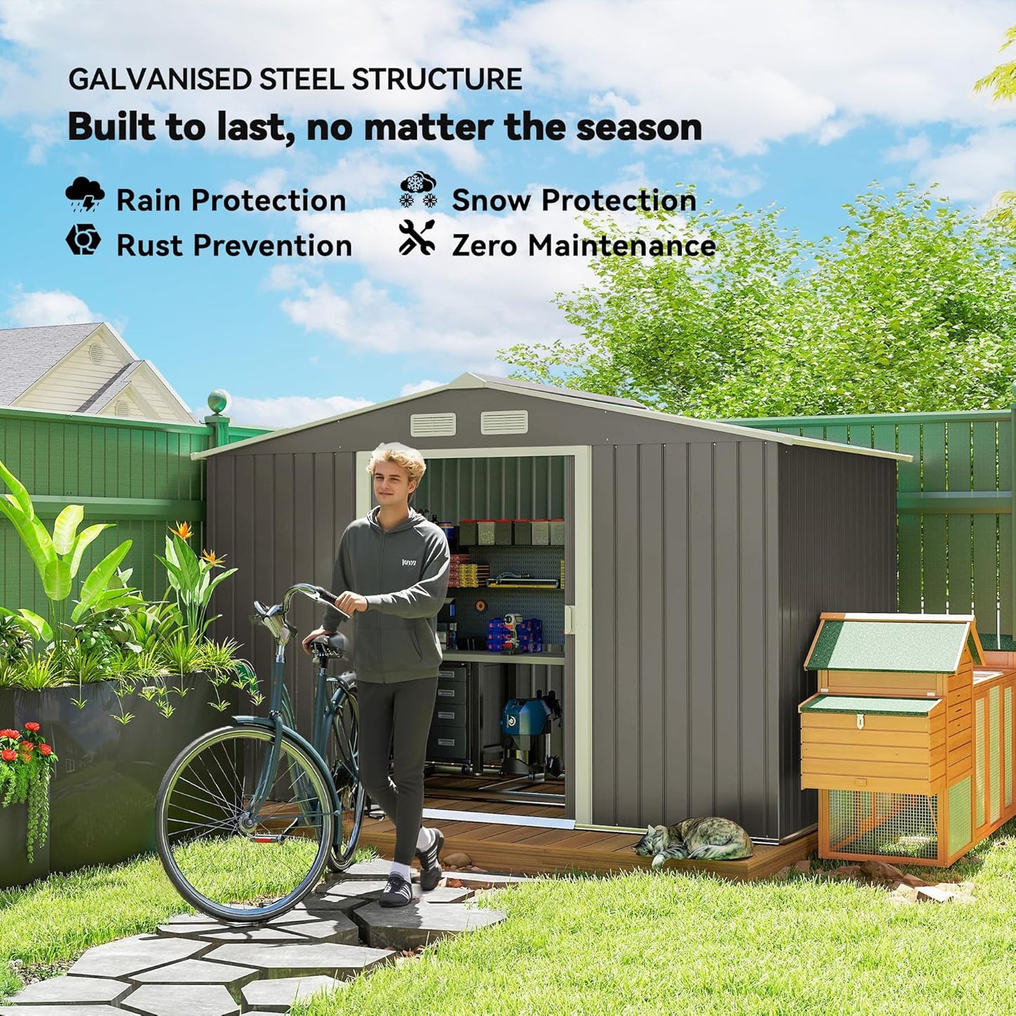 Outsunny 9' x 6' Outdoor Storage Shed, Garden Tool Metal Shed with Foundation Kit, Double Lockable Door, Air Vents and Sloping Roof, for Backyard, Patio, Lawn, Gray