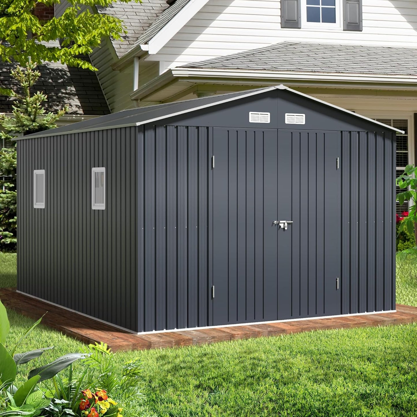 Breezz Outdoor Storage Shed 10 x 12 ft. Utility Tool Shed Metal Storage Garden Shed with Lockable Doors, Windows & Metal Frame Floor for Patio Storage, Nightblue