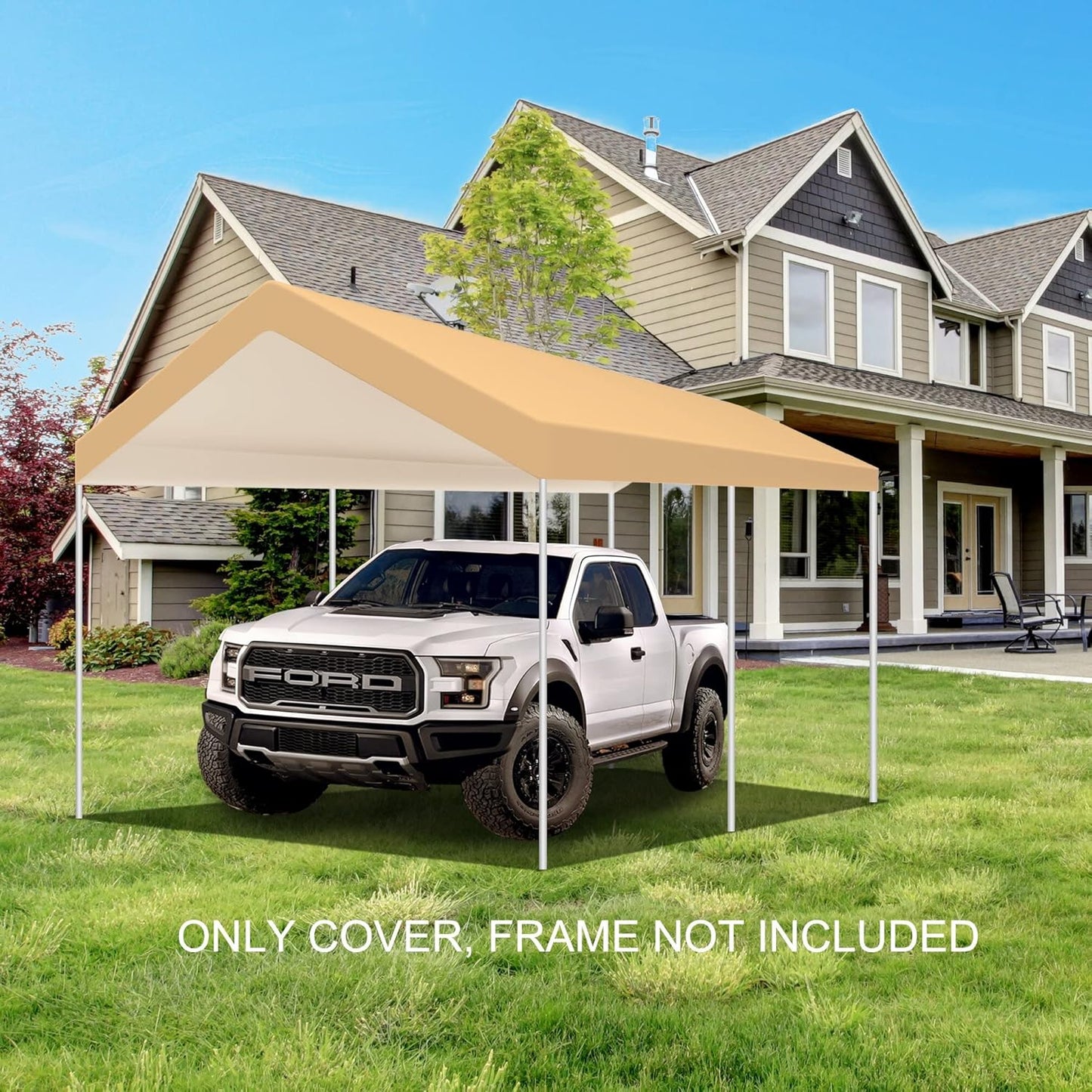 10'x20' Upgraded Carport Replacement Top Canopy Cover Beige for Car Garage Top Tarp Shelter Waterproof & UV Protected w/Ball Bungees (Only Top Cover, Frame is not Included)