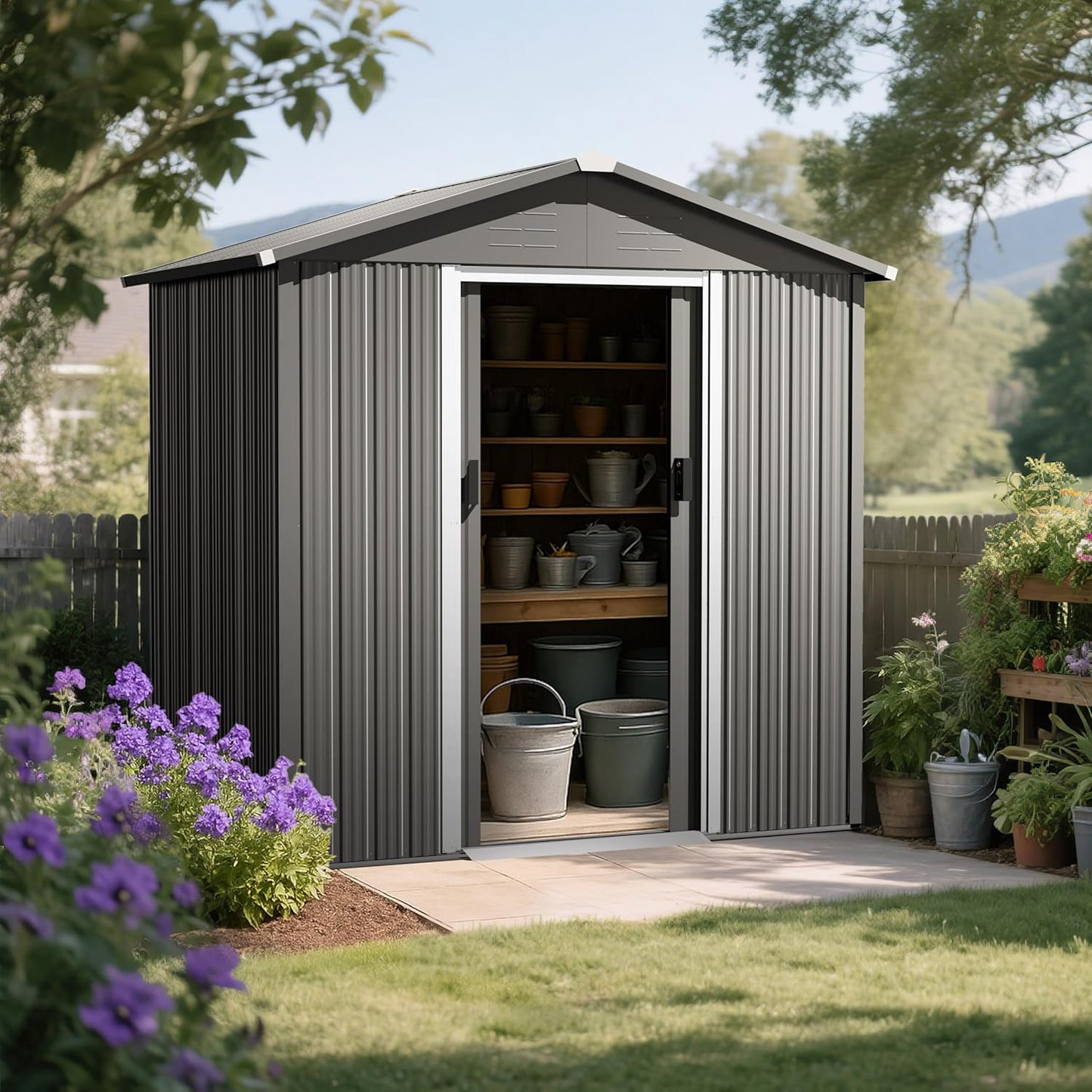 Nuu Garden 6 x 4 FT Outdoor Storage Shed with Sliding Doors, Galvanized Metal Garden Shed with Sloping Roof, Anti-Corrosion Outdoor Tool Shed with Air Vents for Backyard, Patio, Lawn, Gray