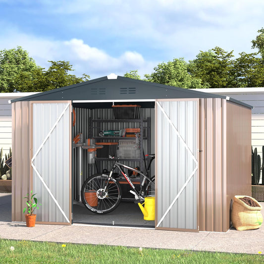 AECOJOY 10'x10' Outdoor Storage Shed, Large Metal Sheds & Outdoor Storage Clearance Steel Yard Shed with Lockable Doors, Utility and Tool Storage Garden Sheds for Barkyard, Patio and Outside Use