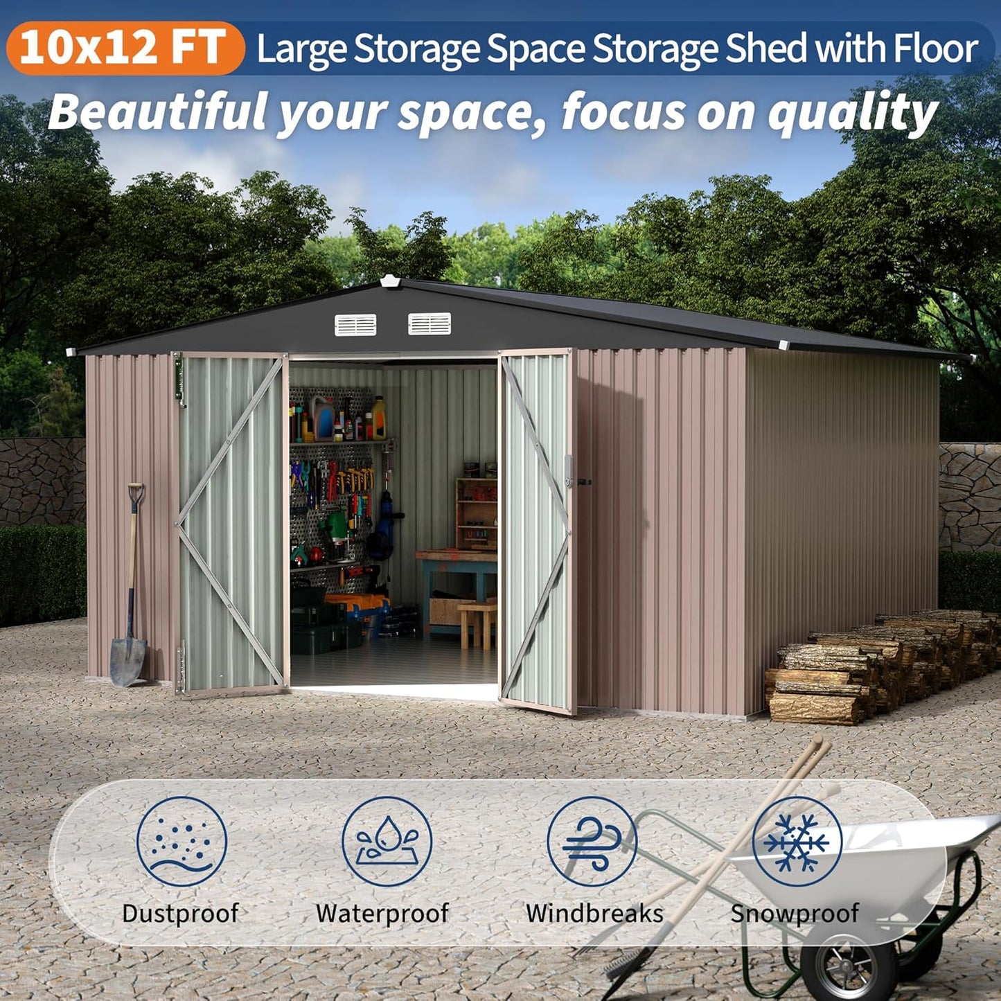 10x12x6.4 FT Outdoor Storage Sheds with Floor, Metal Garden Tool Shed for Backyard, Large Metal Sheds Outdoor Storage With Lockable Doors & Air Vents for Backyard Garden Patio Lawn