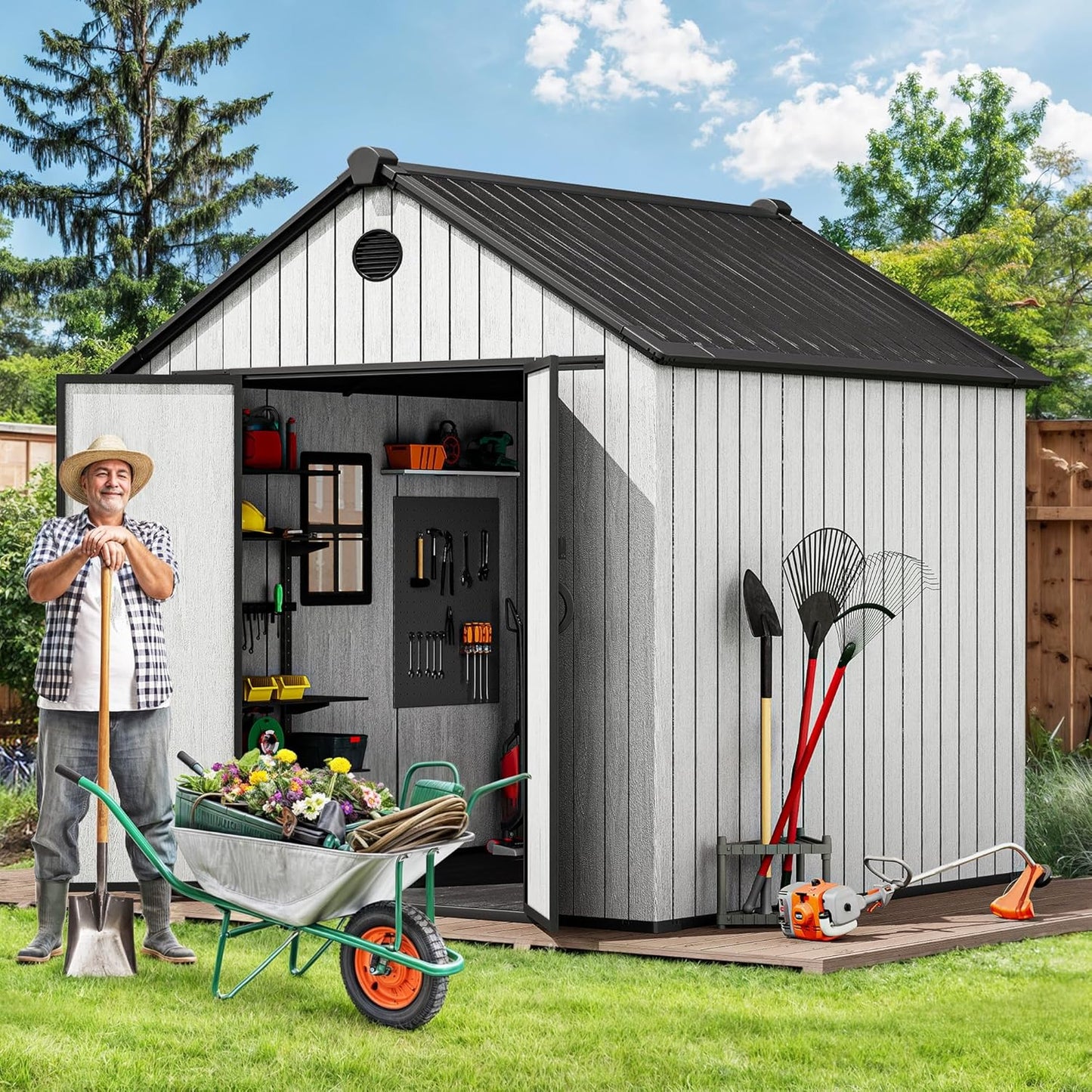 YITAHOME Large Resin Shed with Floor, Windows & Vents, 7.3 x 7.3 ft Weatherproof Tool Storage, Outdoor Storage Shed for Patio, Lawn Mower, and Bike, Gray