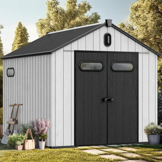 YITAHOME 8x10ft Outdoor Resin Storage Shed with Floor, 544 cuft Waterproof Garden Shed with Lockable Door, Windows & Vents, Plastic Tool Storage for Patio Furniture, Lawnmower, and Bike Storage, Gray