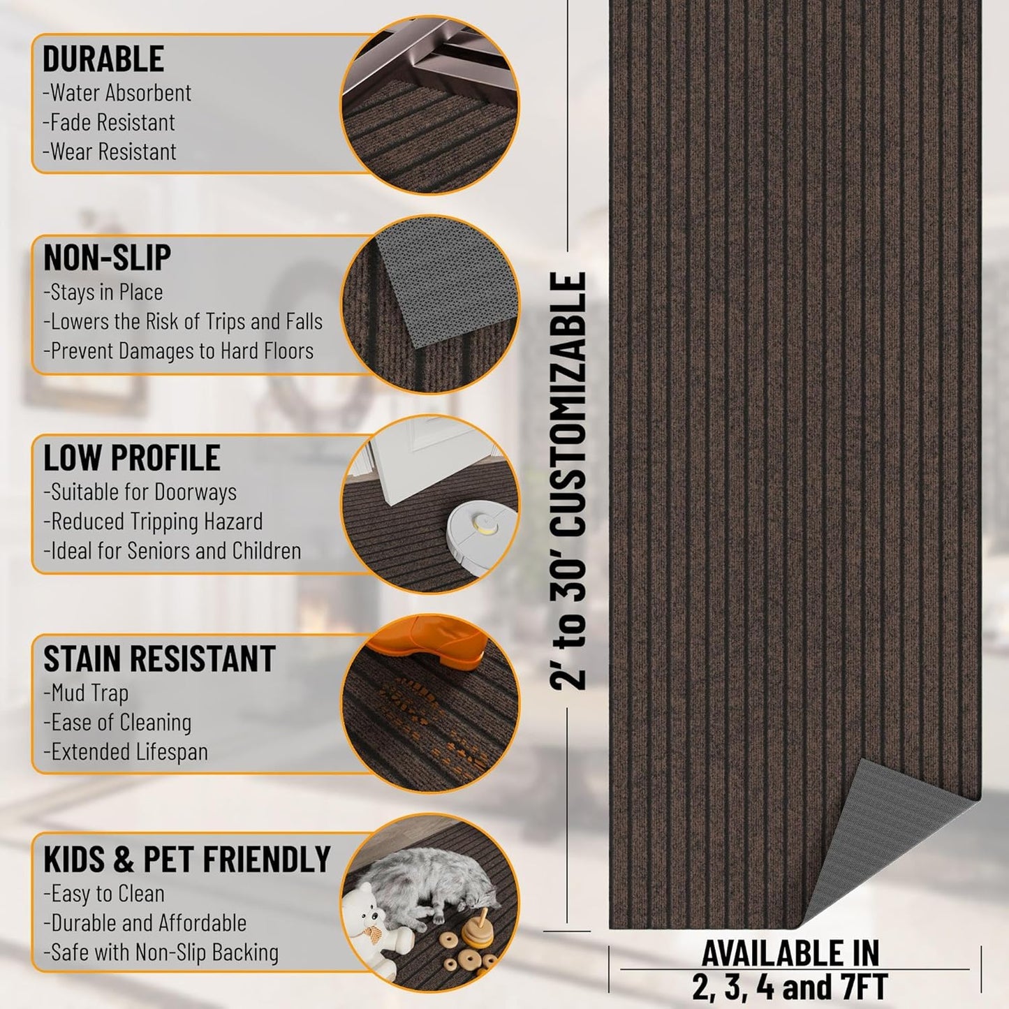 Ottomanson 2'7" x 27' Hallway Runner with Scraper Pile - Extra Durable Non-Slip Rug Mat for Indoor & Outdoor Use - Ideal for Kitchen, Entryway & Garage - High-Traffic Carpet, Brown