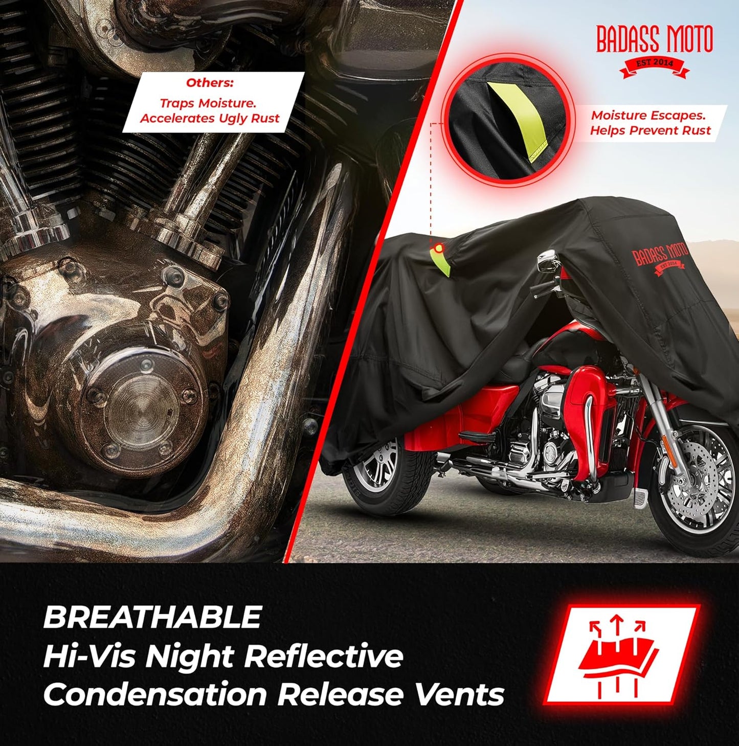 Badass Moto Fits Harley Davidson Trike Cover - Ultimate Heavy Duty Waterproof Motorcycle Cover Outdoor Storage for Tri Glide Ultra, HD Road Glide 3, Freewheeler - Triglide, Harley Trike Accessories