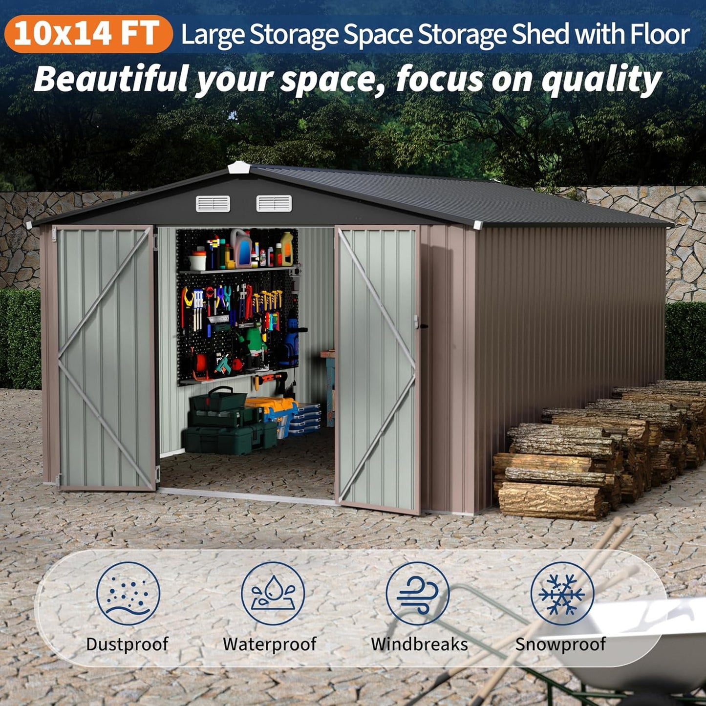 10x14x6.4 FT Outdoor Storage Sheds, Metal Garden Tool Shed for Backyard, Large Metal Sheds Outdoor Storage With Lockable Doors & Air Vents for Backyard Garden Patio Lawn