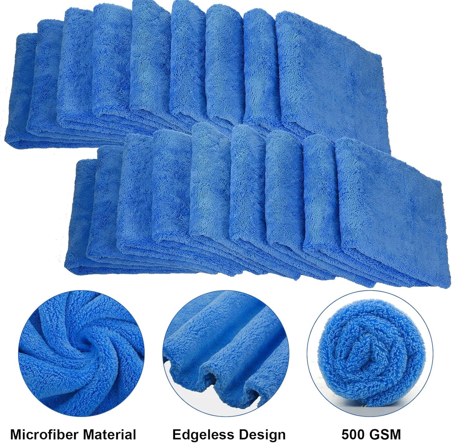 Shimeyao 30 Pcs Edgeless Microfiber Plush Towels for Cars Detailing Drying Wash Polishing Absorbent Cleaning Cloths, 500 GSM, 16 x 16 Inch(Dark Blue)