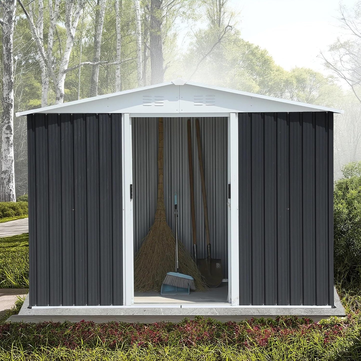 8x6 FT Outdoor Metal Storage Shed with Updated Frame, Waterproof Durable Garden Sheds w/Lockable Sliding Doors and Vents, All-Weather Shelter Tool House for Backyard, Patio, Lawn, Grey