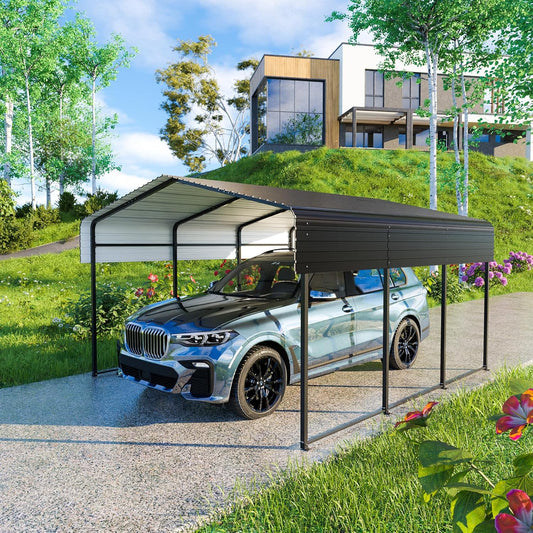 Metal Carport 10 * 15 FT Heavy Duty Carport Canopy with Galvanized Steel Roof Multi-Use Shelter Outdoor Portable Garage for Car, Boat, Pickup and Tractor