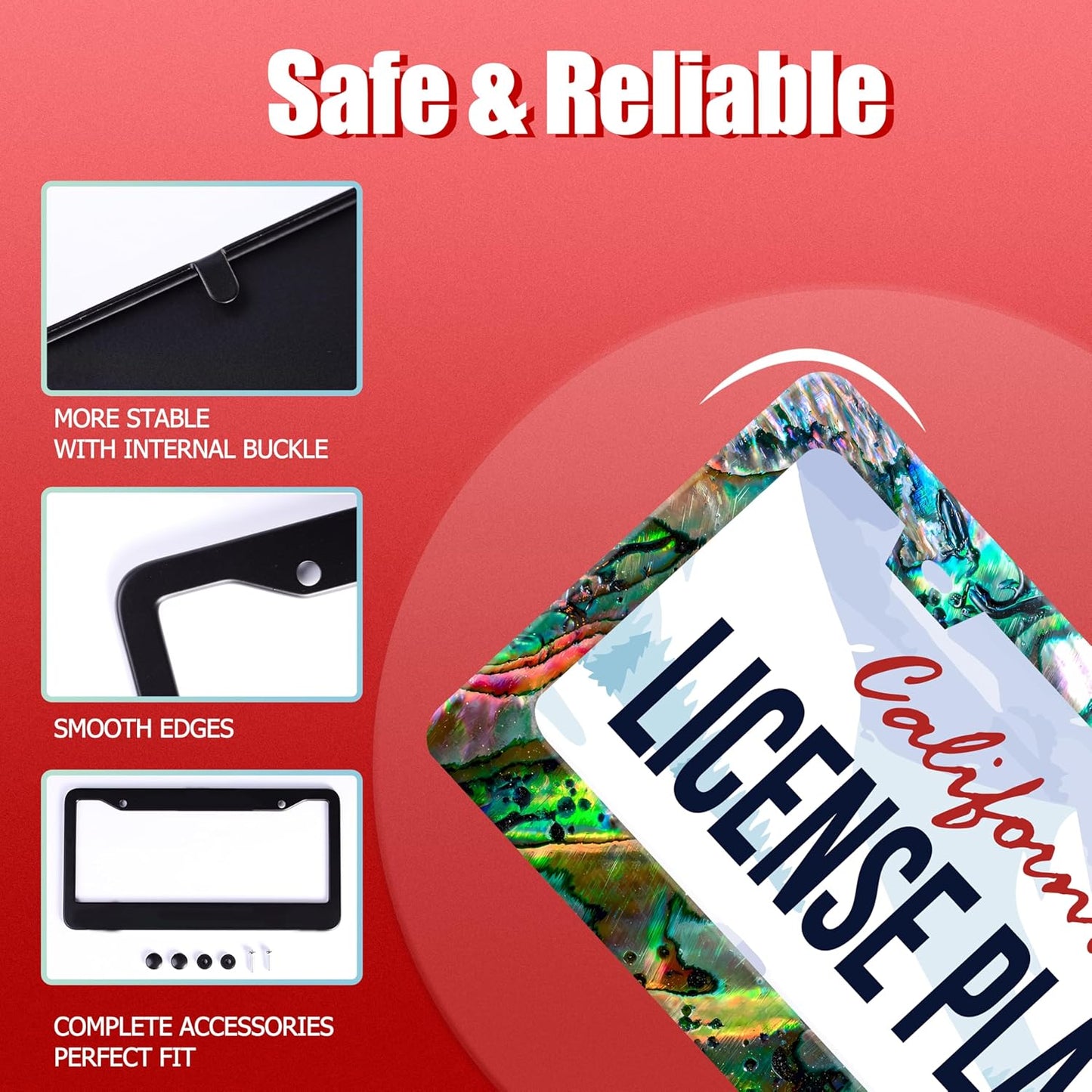 Personalized License Plate Frame Faux Abalone Stainless Steel Accessory Faux Shell License Plate Holder Funny Car Decorative 2 Holes Screws Fits Us Standard License Plates 12.2 X 6.3 in for Men Women