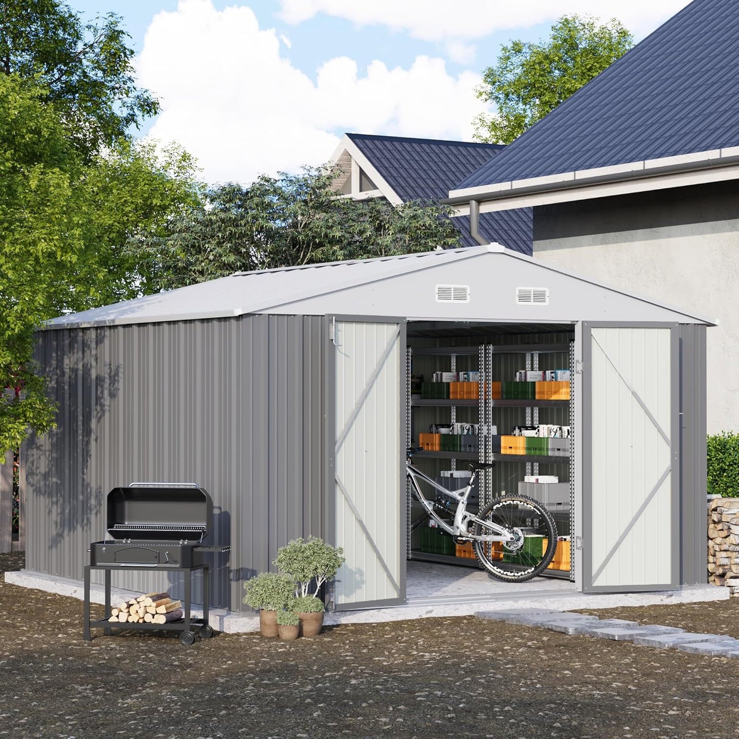 Patiowell 10' x 10' Metal Storage Shed for Outdoor, Steel Yard Shed with Design of Lockable Doors, Utility and Tool Storage for Garden, Backyard, Patio, Outside use, Grey