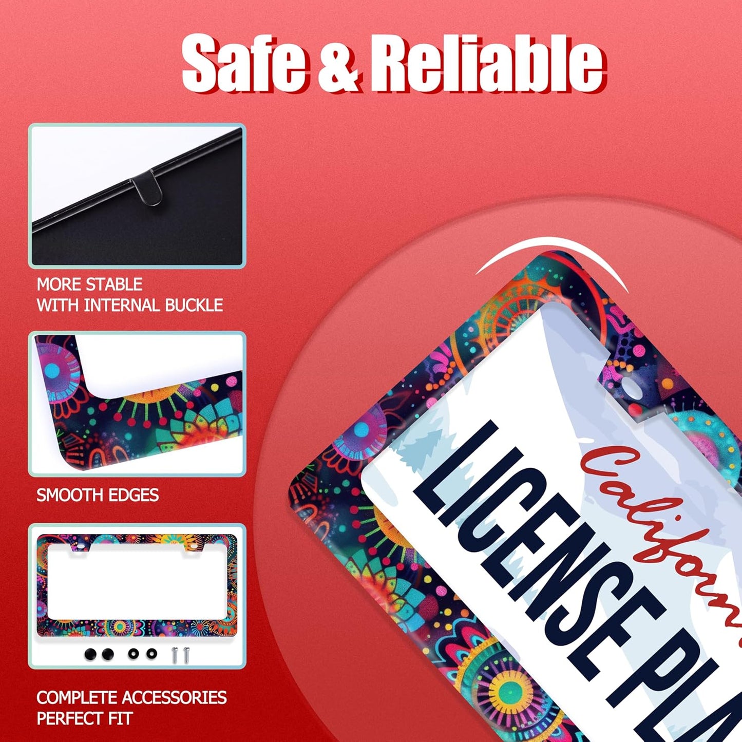 Fantasy Colorful Mandala License Plate Frame Boho Flowers License Plate Holder Funny Personalise Car Stainless Stee Decorative Parts for Standard Us Canada Vehicles 12x6 Inch for Women Men