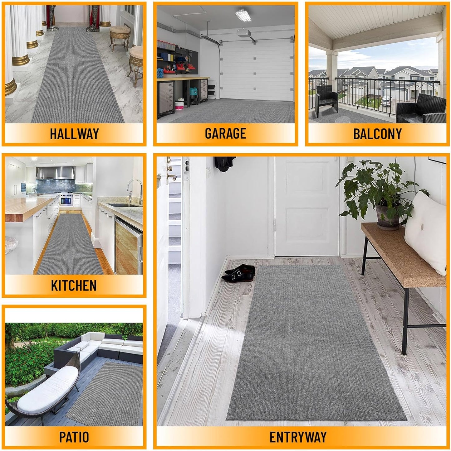 Ottomanson 2' x 15' Hallway Runner with Scraper Pile Extra Durable Non-Slip Rug Mat for Indoor & Outdoor Use - Ideal for Kitchen, Entryway, Patio & Garage - High-Traffic Carpet, Gray