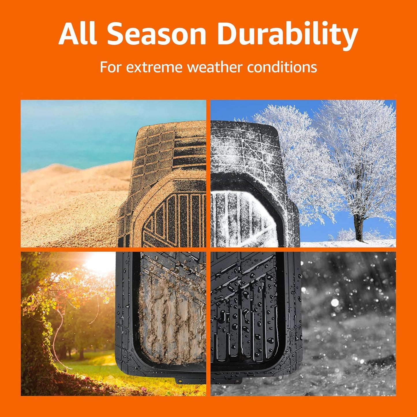 Amazon Basics 3-Piece All-Weather Heavy Duty, Full Set Rubber Floor Mats for Universal Fit in Cars, SUVs, and Trucks, Black, Trim to Customize