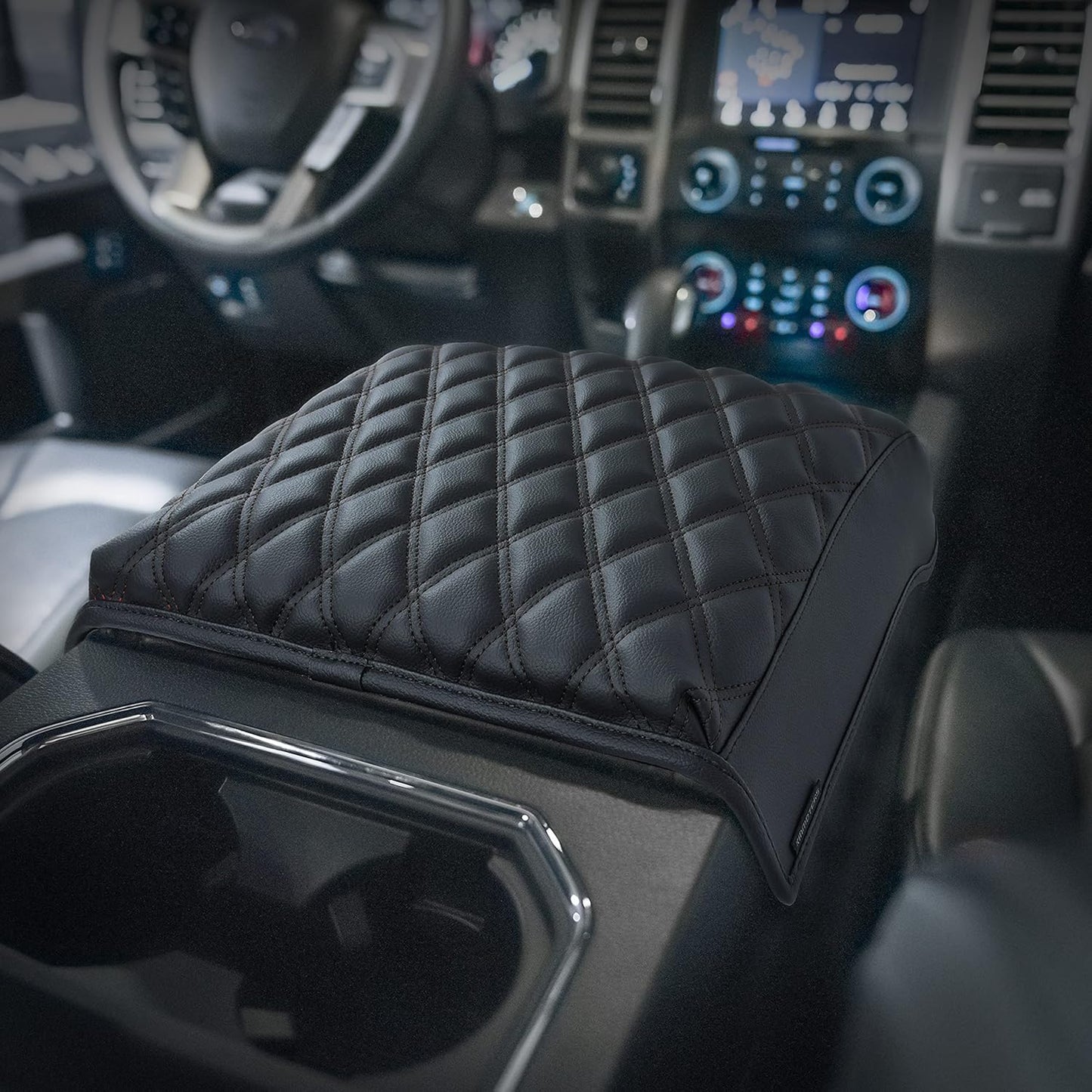 KMMOTORS F150 Center Console Cover, Thick Armrest Cushion, Interior Accessories, Funda para consola de coche, Vegan Leather, Armrest Protector (2015~2020, Full Cover), F150 Accessories