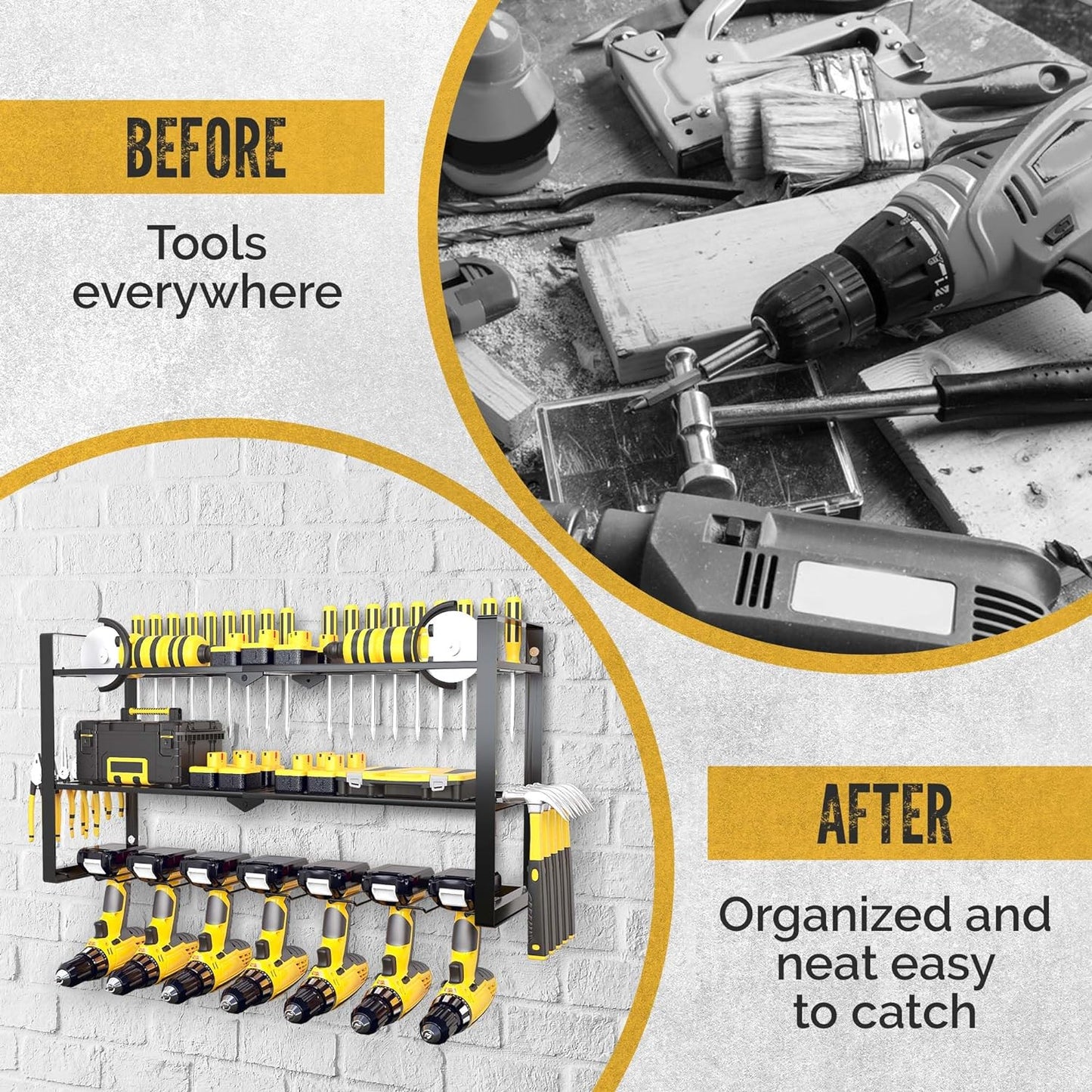 Power Tool Organizer Wall Mount 3 Tier 7 Drill Holders support up to 300Lbs - Metal Cordless Garage Wall Organizer for Cordless Drill, drill holder Rack Suitable for workshop organizers and storage