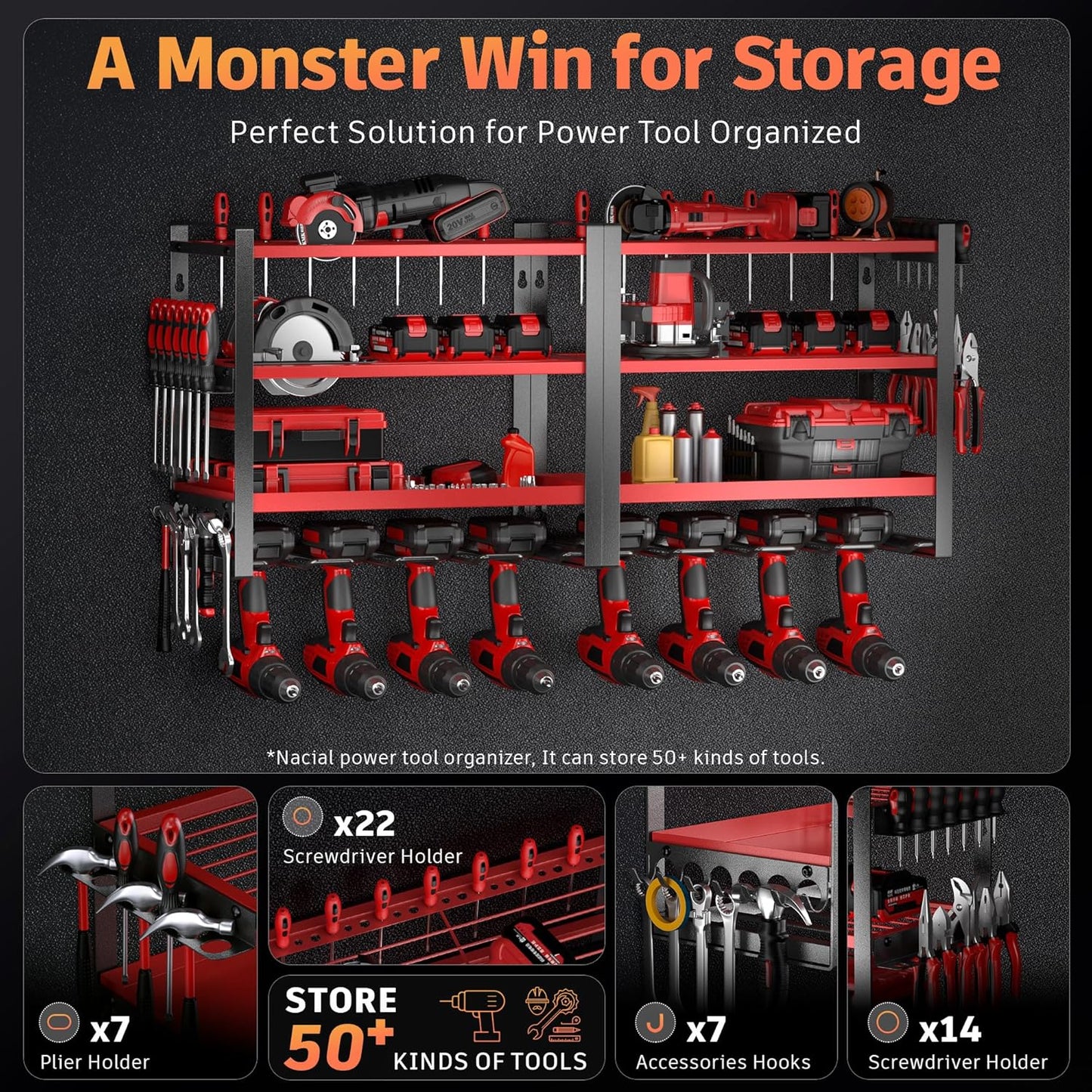 Power Tool Organizer Wall Mount, 4 Layer Drill Holder Wall Mount, Heavy Duty Tool Rack, Garage Tool Organizers and Utility Storage Rack for Drill Holder Charging Station, Perfect for Father's Day Gift