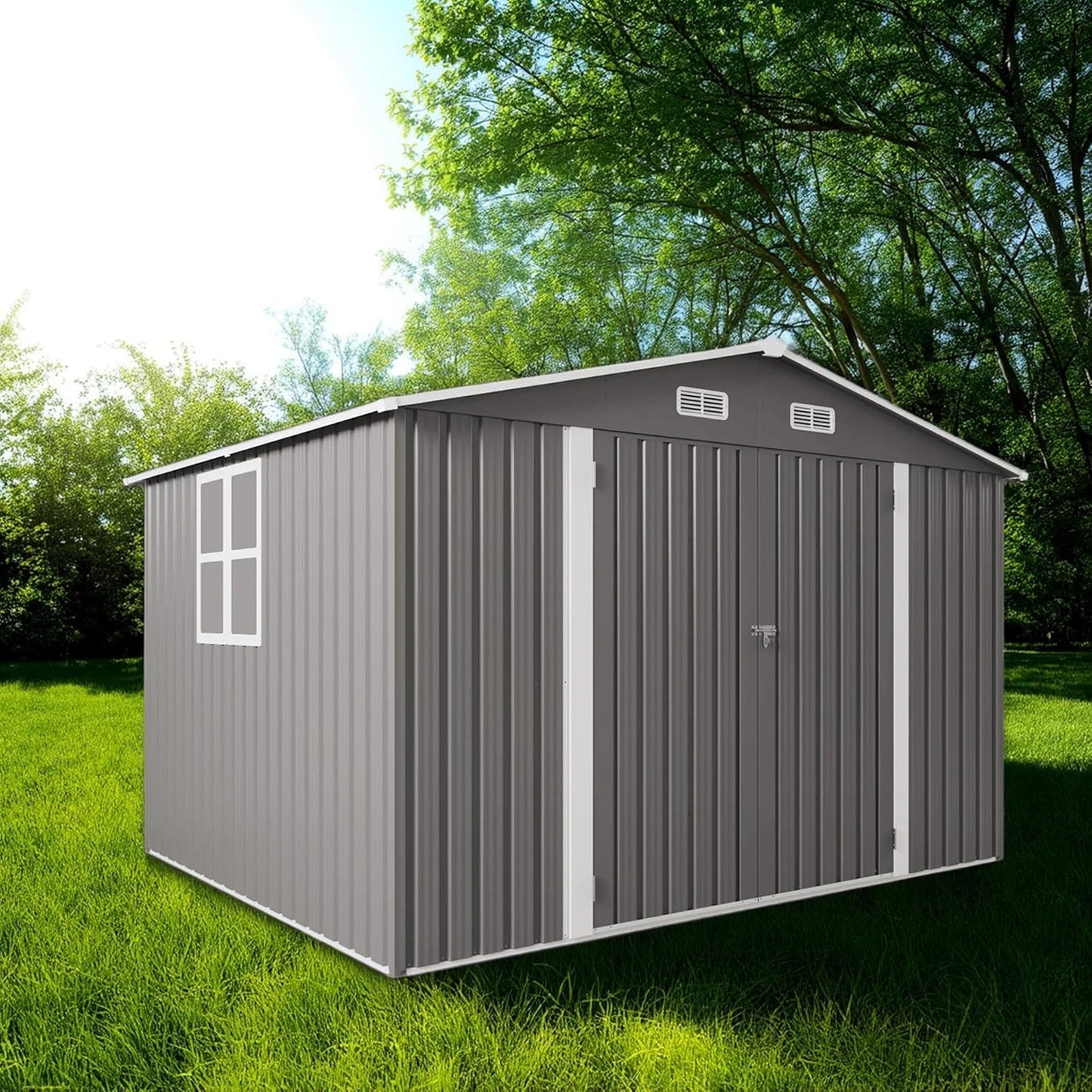 10 x 8 FT Large Outdoor Storage Shed w/Lockable Door, Heavy Duty Metal Garden Sheds with Clear Window and Air Vents, Waterproof Tool House for Bicycles, Tools, Backyards, Patios, Lawns, Gray