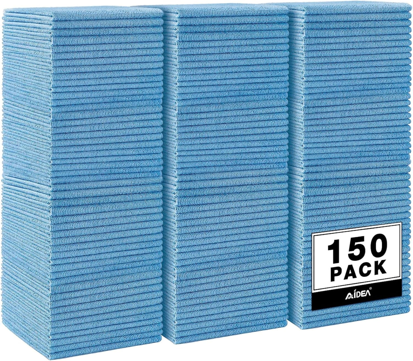 AIDEA Microfiber Cleaning Cloths, 150PK, Blue, 12x12 Inch, Shop Rags, Absorbent, Lint Free, Reusable, Ideal for Cars, Kitchen, Household, Dusting, Polishing