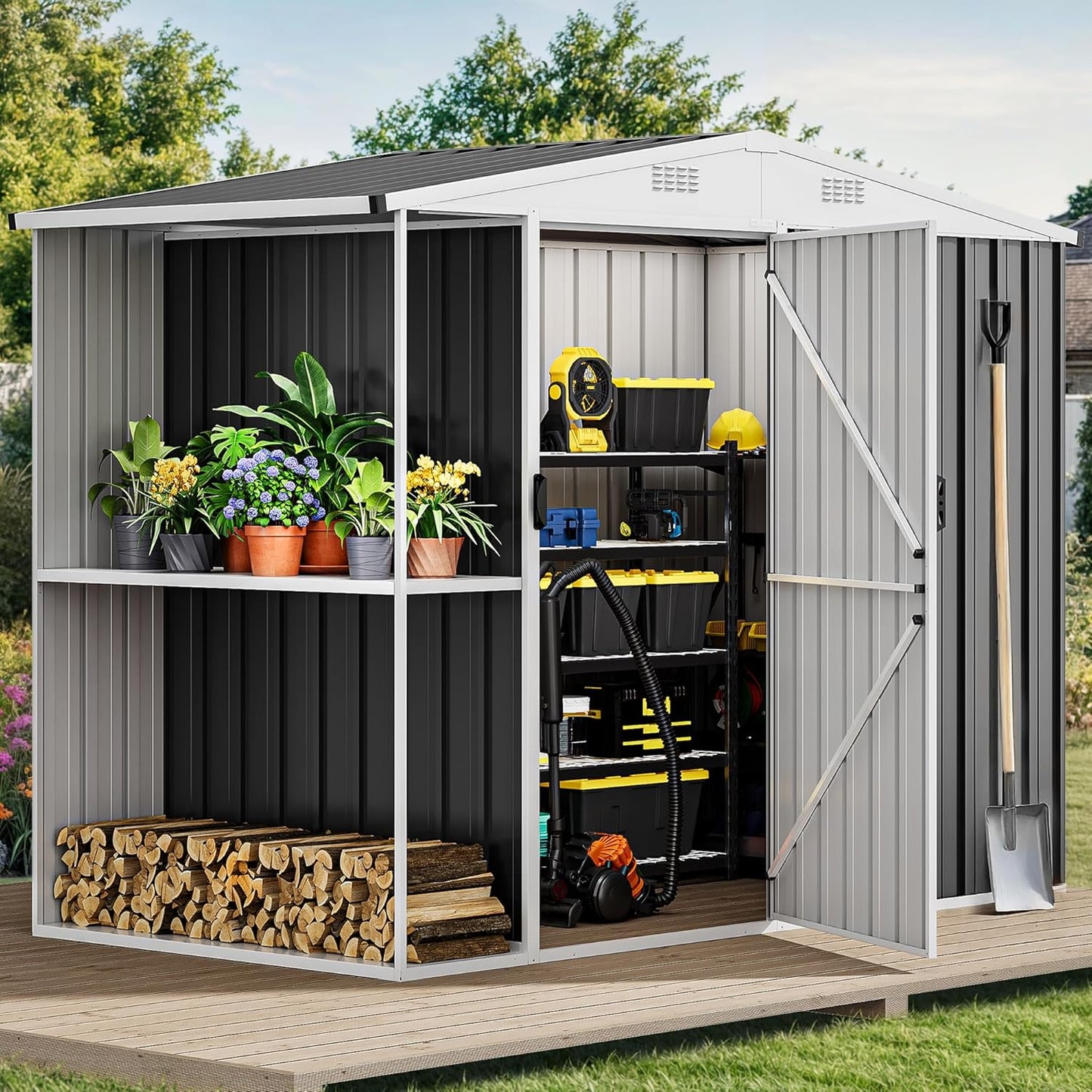 DWVO 8 x 4 ft Outdoor Storage Shed with 2-Tier Shelf, Metal Tool Shed & Garden Storage Cabinet for Backyard, Patio, Equipment & Bike, Dark Gray