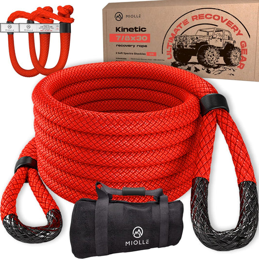 MiolleGear Kinetic Recovery Rope kit (7/8" x30', 10000lbs WLL) Heavy Duty Tow Rope - Includes 2 Soft Shackle 3/8 for UTV, ATV, Truck, Car, Jeep, Tractor
