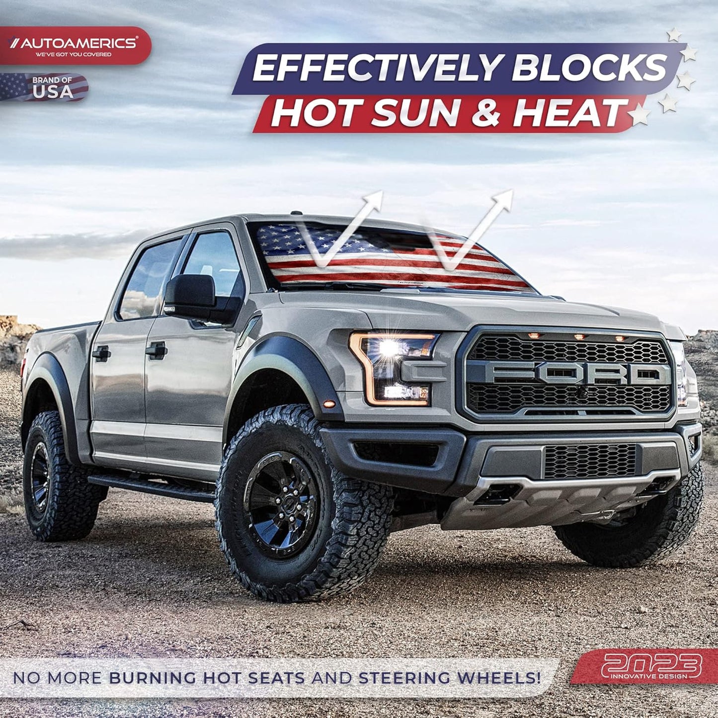 Autoamerics Truck Windshield Sun Shade with Storage Pouch & Anti-Slip Dash Pad - Foldable Grunge USA Flag-3 Design Cover - Fits Most SUVs & Trucks -Reflective 230T Material | X-Large (66 x 36 inches)