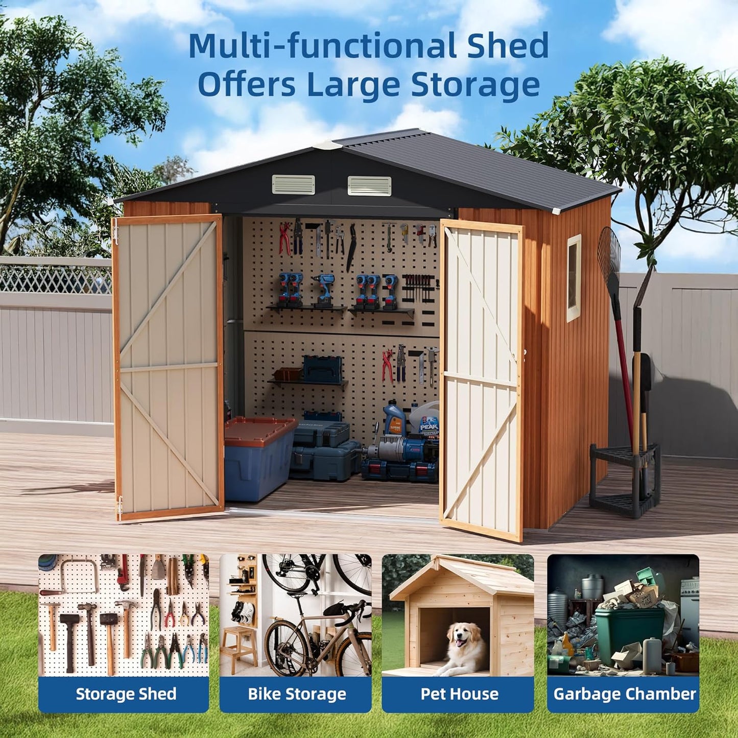 8x6FT Outdoor Storage Shed, Metal Garden Shed with Lockable Doors and Window, Large Tool Shed for Backyard, Patio and Lawn