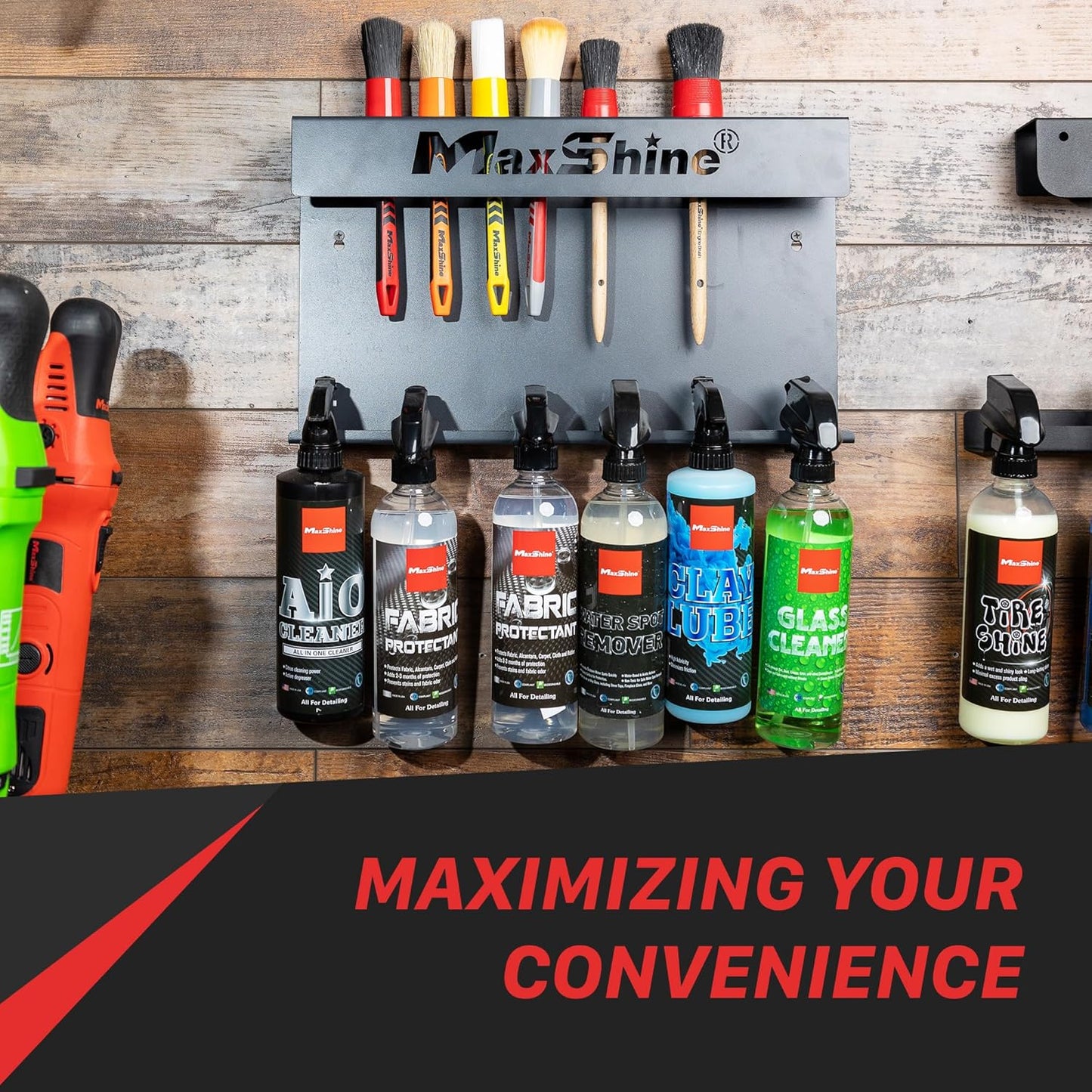 Maxshine Universal Detailing Brush & Spray Bottle Holder - Car Garage & Mobile Detailing Organizer, Holds 10 Detailing Brushes & Trigger Spray Bottles, Space-Saving Auto Detailing Accessories