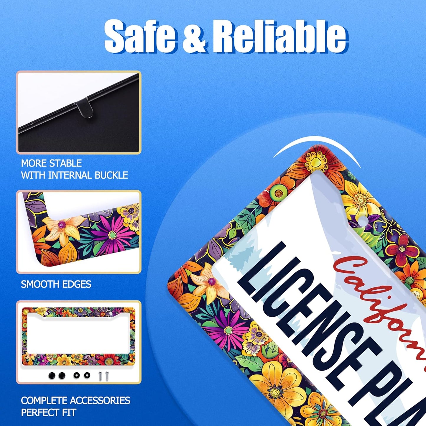 Bright Flowers Colorful Floral License Plate Frame Flower License Plate Stainless Steel Funny License Plate Holder for Women Cute Car Accessory Decoration 12.3" x 6.3"