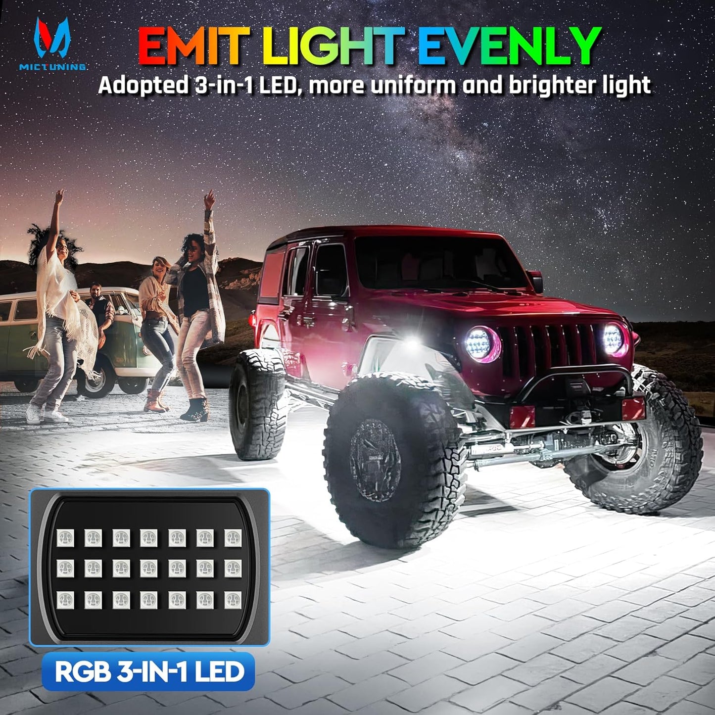 MICTUNING 2025 1000% Bright Q1 MAX RGB+IC Rock Lights, 8 Pods Chasing Dreamcolor Extensible Underglow Multicolor Neon Light Underbody Lighting Kit with APP Control for Truck ATV UTV Boat