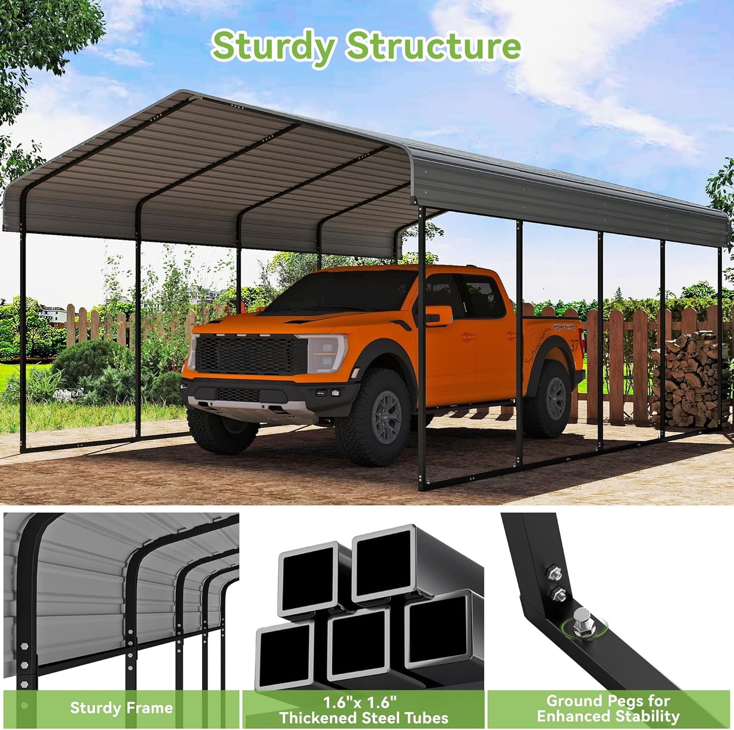 Real Relax 12x20FT Heavy Duty Metal Carport, Outdoor Carport Canopy with Galvanized Steel Roof and Reinforced Base for All-Weather, Garage Shelter Shade for Trucks, Boats, Party, Gray