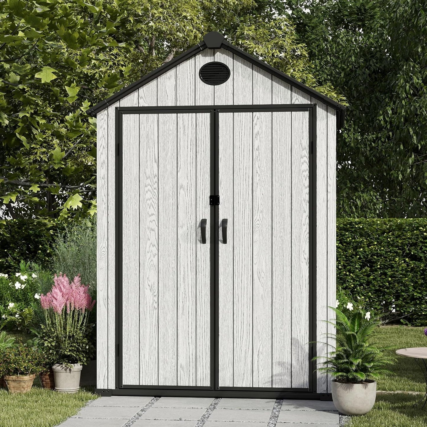 5.3x3.4 FT Resin Outdoor Storage Shed, 135 Cuft Garden Tool Sheds & Outdoor Storage Plastic Shed with Floor, 7FT Tall Backyard Outside Lawn Mower Storage Shed with Side Window, Cemented Grey