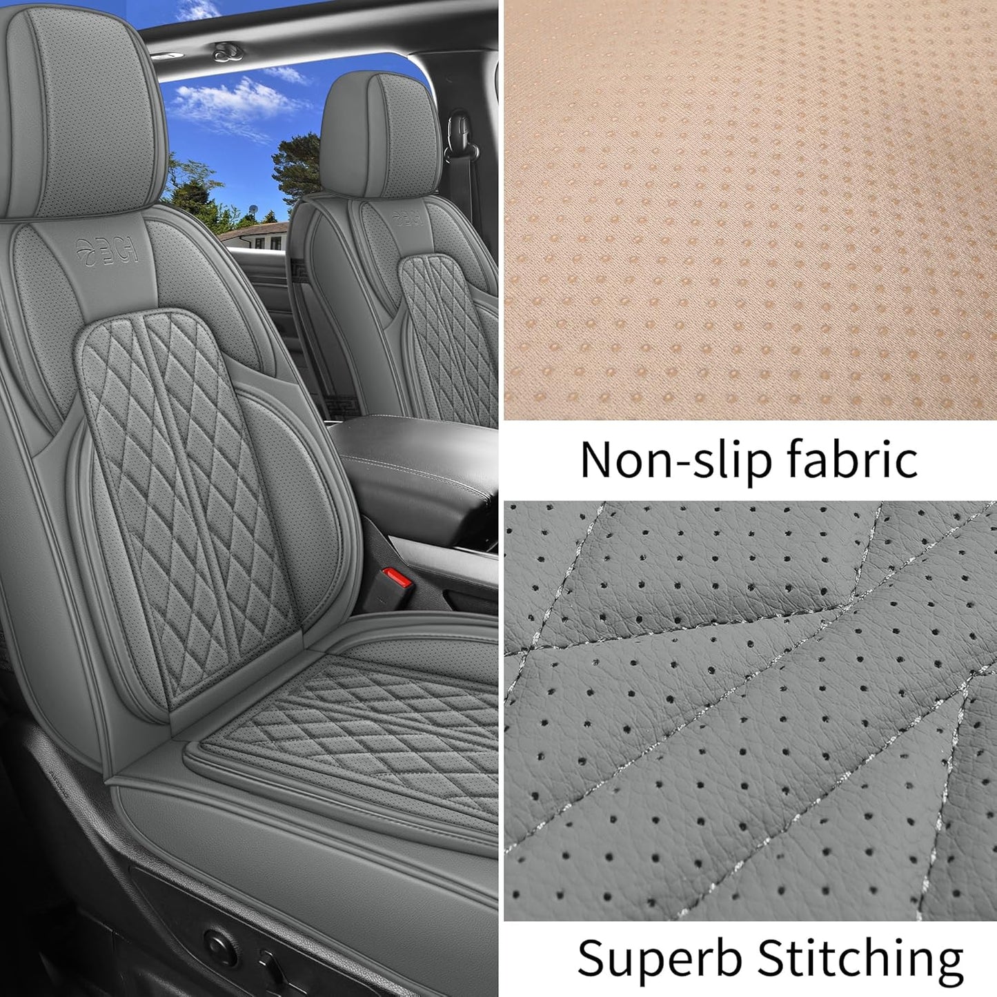 Car Seat Cover Custom Fit for Dodge Ram 1500 2500 3500 2002-2024 Faux Leather Seat Cover Set Compatible with Crew Quad Regular Cab Pickup Truck Cushions (Grey, Full Set, Flat Rear)
