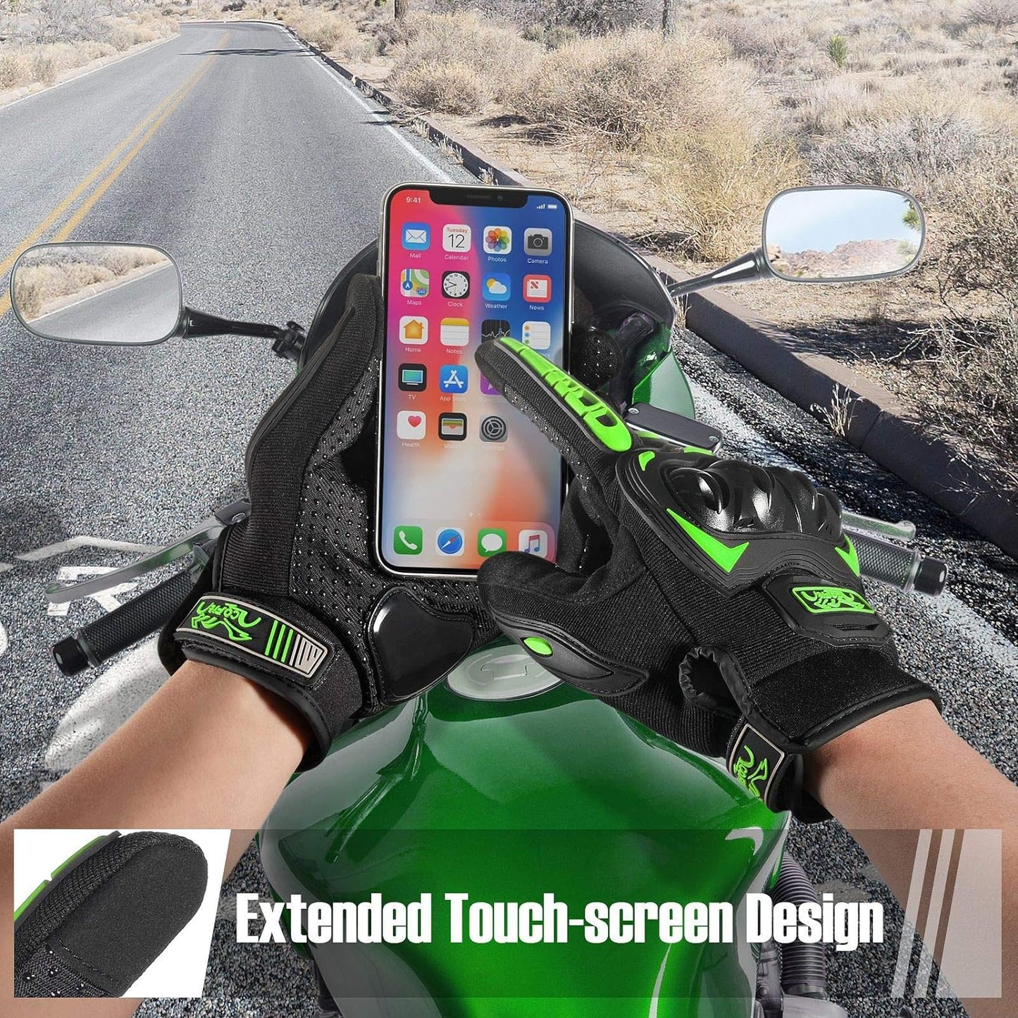 COFIT Motorcycle Gloves Breathable, Touchscreen Motorbike Gloves Anti-Slip with Good Grip Hard Knuckles Protection for Men Women Motocross, BMX ATV MTB Cycling, Road Racing - Green XXL