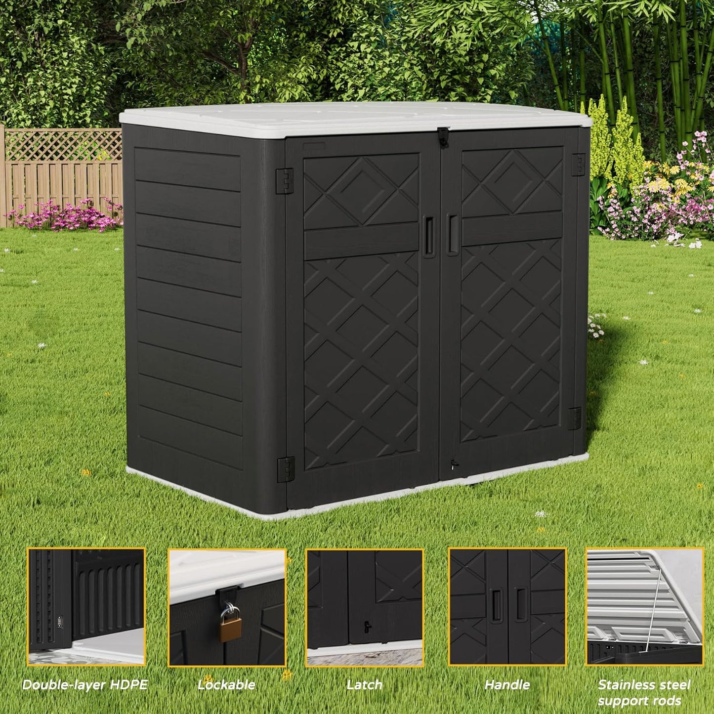 Resin Outdoor Storage Shed, 38 cu.ft Outdoor Storage Box Waterproof for Garden Tools, Patio Furniture, Trash Cans, Garage Storage, Lockable (Black)