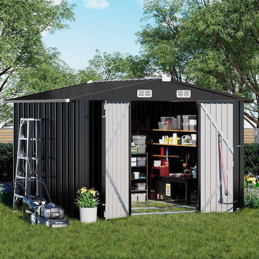 COMHOMA Shed Outdoor Storage Shed Metal,Lockable Doors Tool Sheds with Sloping Roof,Steel Garden Shed with Air Vent for Backyard,Patio,Lawn,Poolside (Grey, 10'*8'/Base)