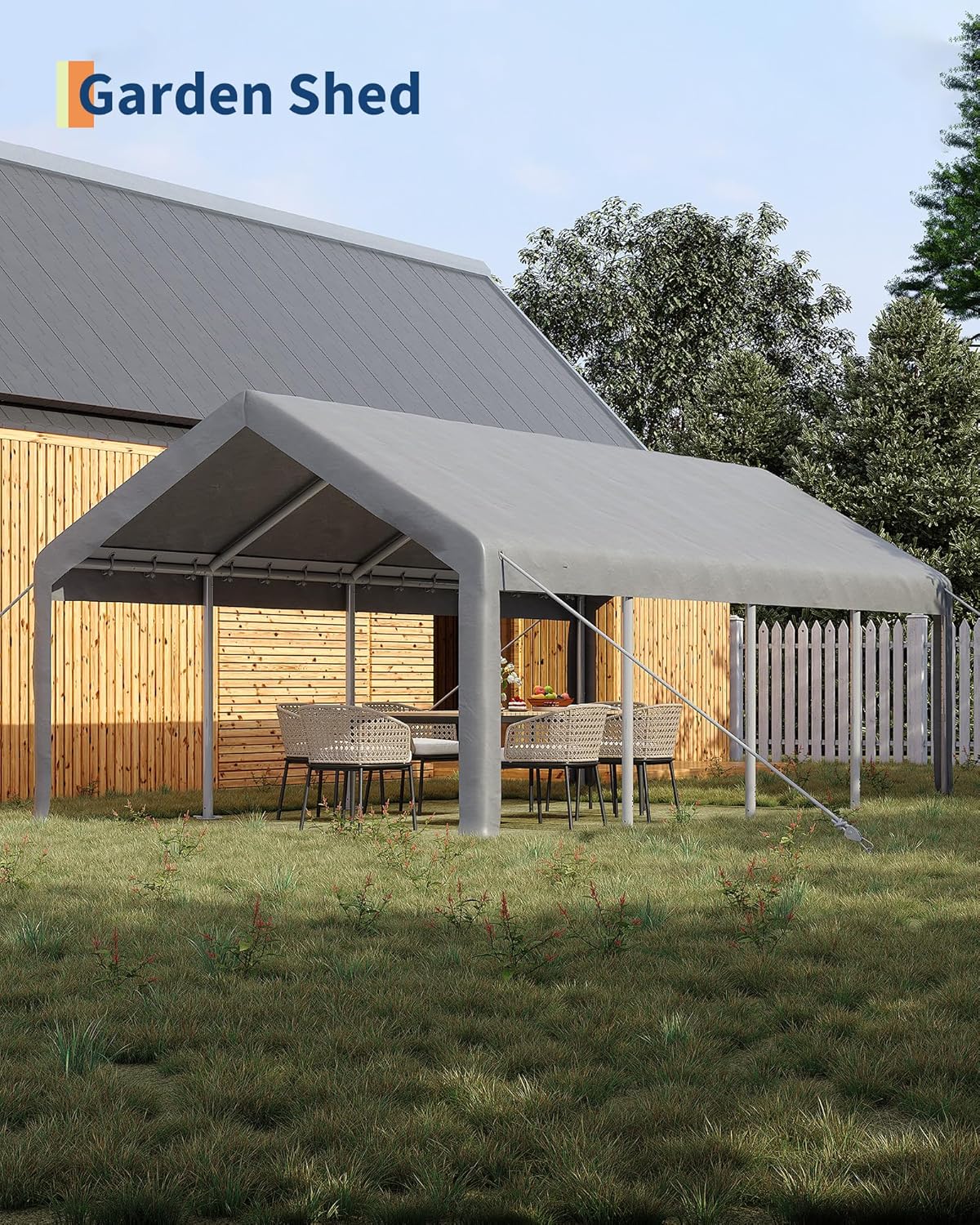 13x25 Ft Carport with 10 Sandbags, Car Port with 220g PE Tarp, 2 Roll-Up Doors, and 4 Windows, for Full-Size Pickups, Bass Boats, Tractors, and SUVs, Gray