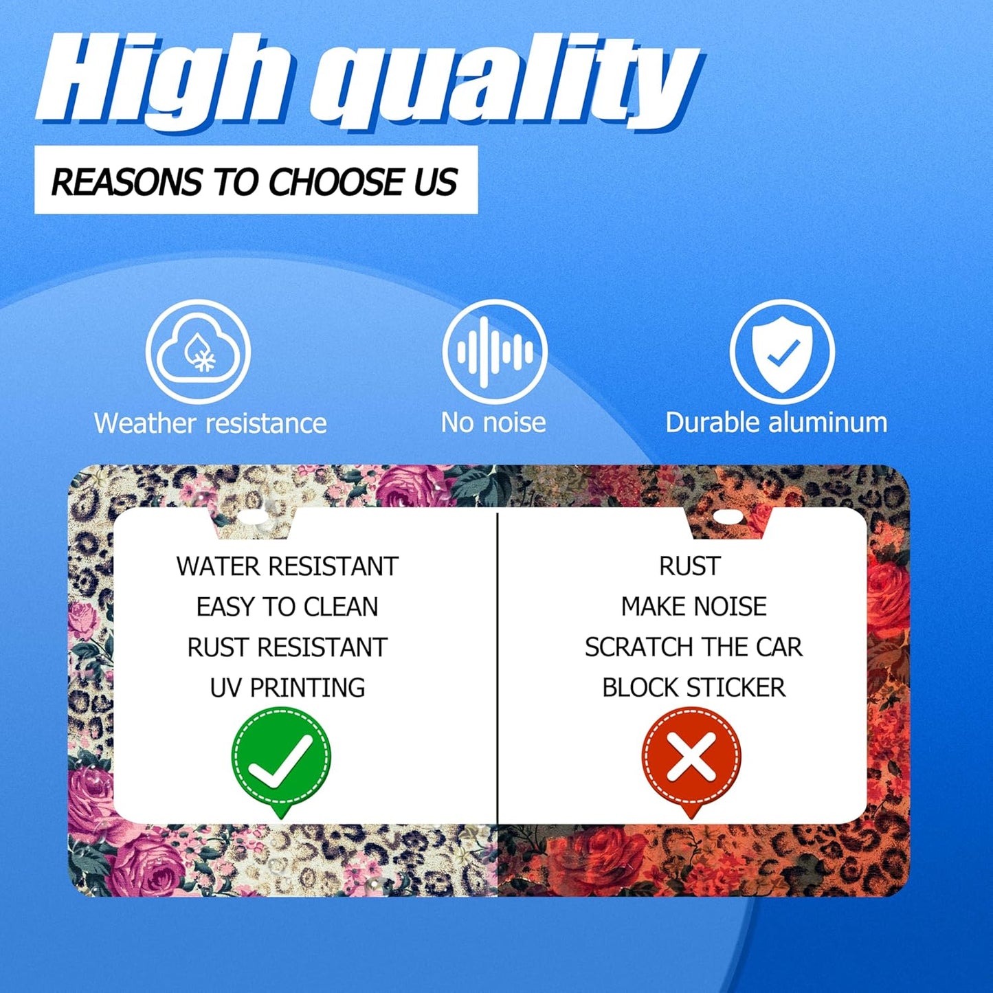 Rose Leopard Print License Plate Frame Vintage Floral License Plate Stainless Steel Funny License Plate Holder Cheetah Car Accessories Decoration with Screws Fits Standard Vehicles Size 12.3" x 6.3"