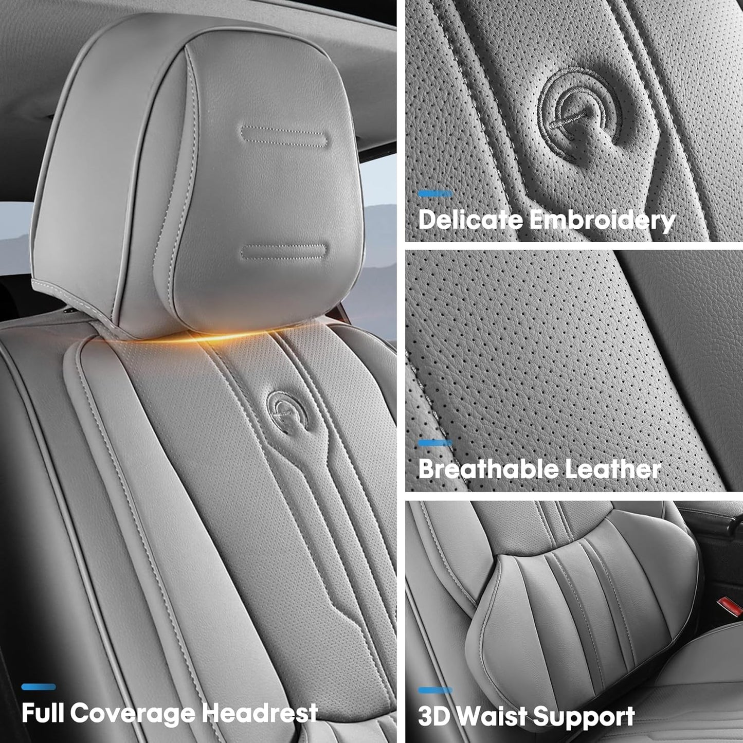 AOOG Car Seat Covers Full Set, Leather Seat Covers for Car, Waterproof Car Seat Protector with Lumbar Support, Automotive Seat Covers Universal Fit for Most Cars SUV Trucks (Full Set, Grey)