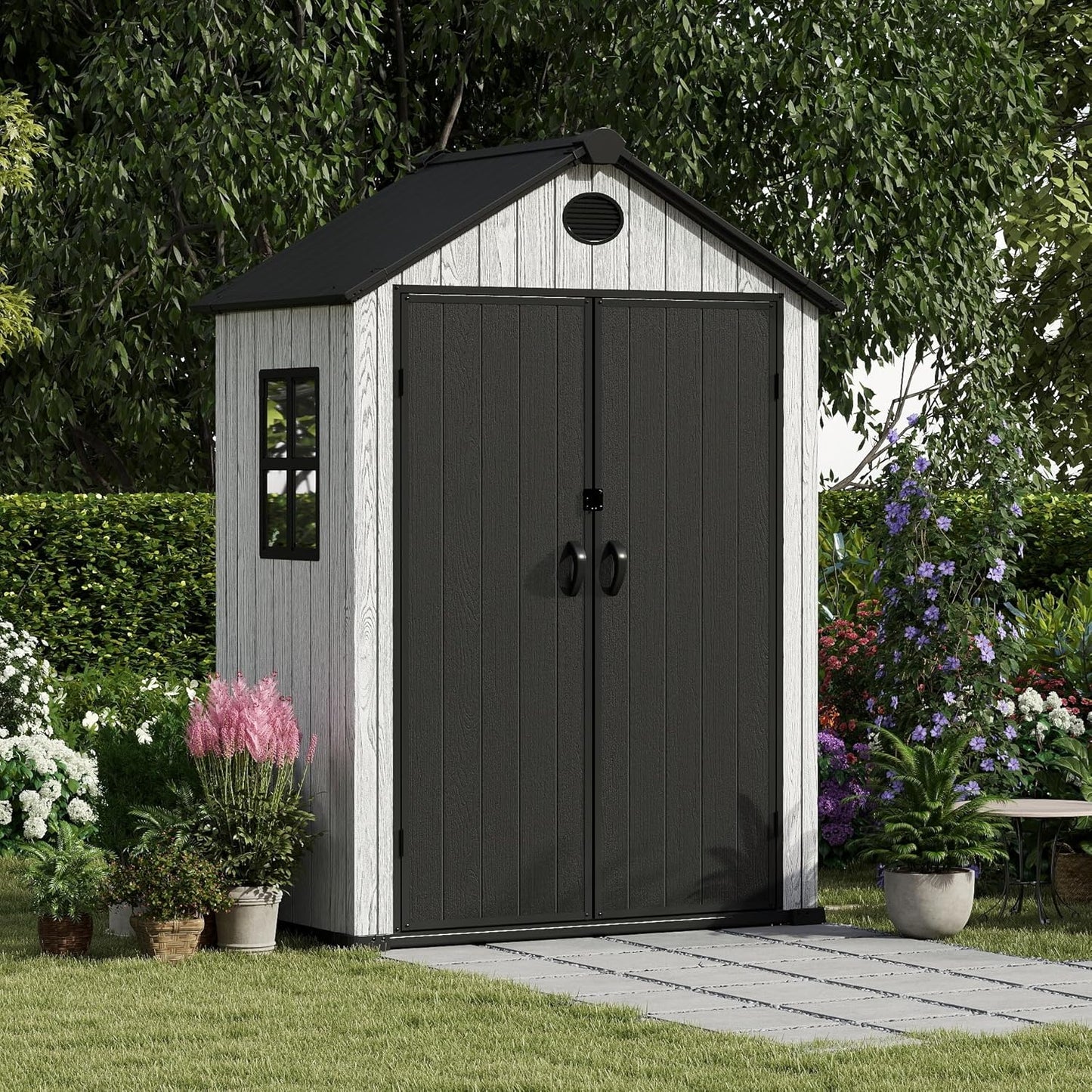 5.3x3.4 FT Resin Outdoor Storage Shed, 135 Cuft Garden Tool Sheds & Outdoor Storage Plastic Shed with Floor, 7FT Tall Outside Lawn Mower Storage Shed with Side Window, Cemented Grey Black