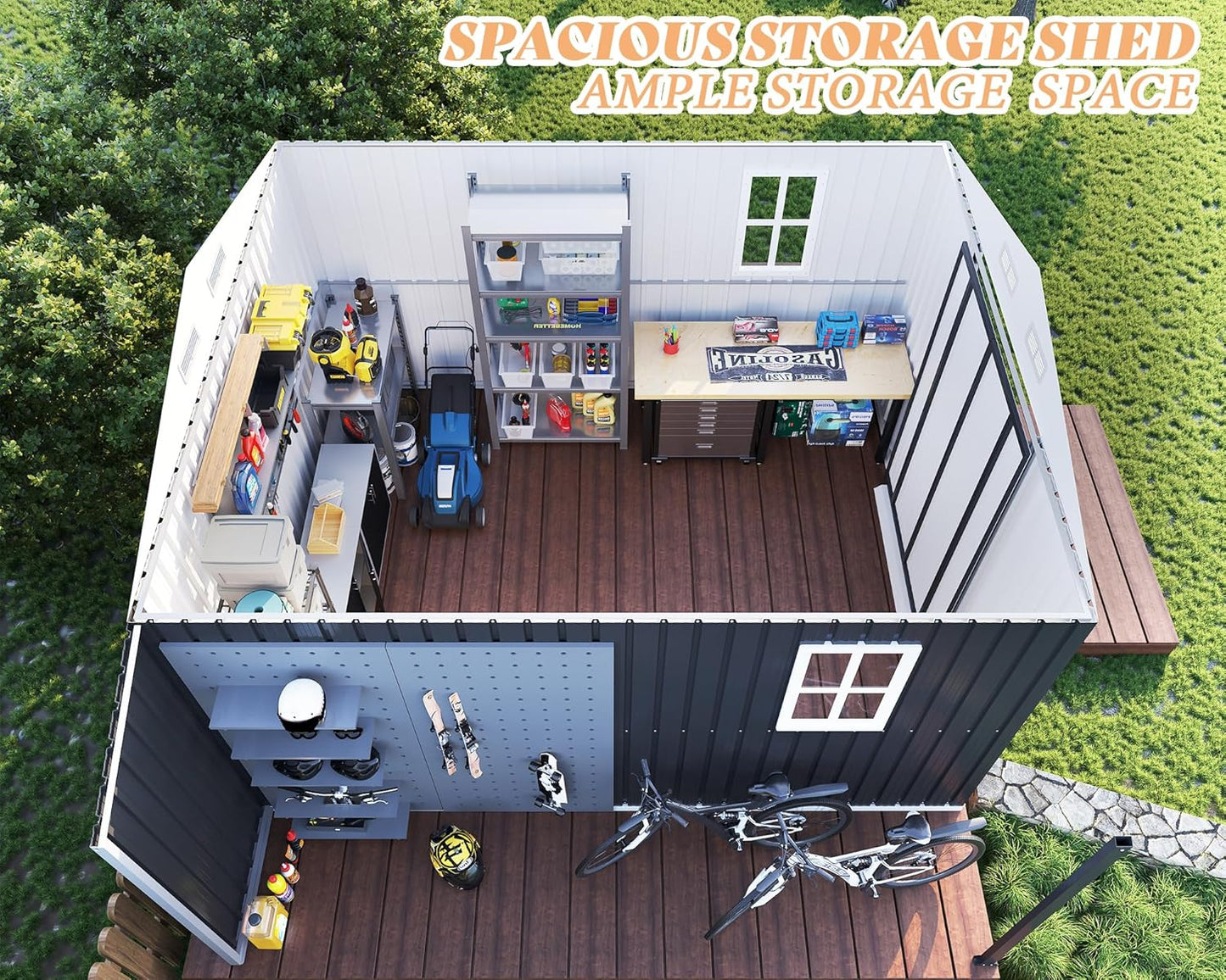 AMERLIFE 10.6x10.3x6.3 FT Galvanized Metal Storage Shed with Open Firewood Bay, Sliding Doors & Ramp, 2 Windows & Vents, Weather-Resistant Outdoor Tool/Garden Shed, Dark Grey/White