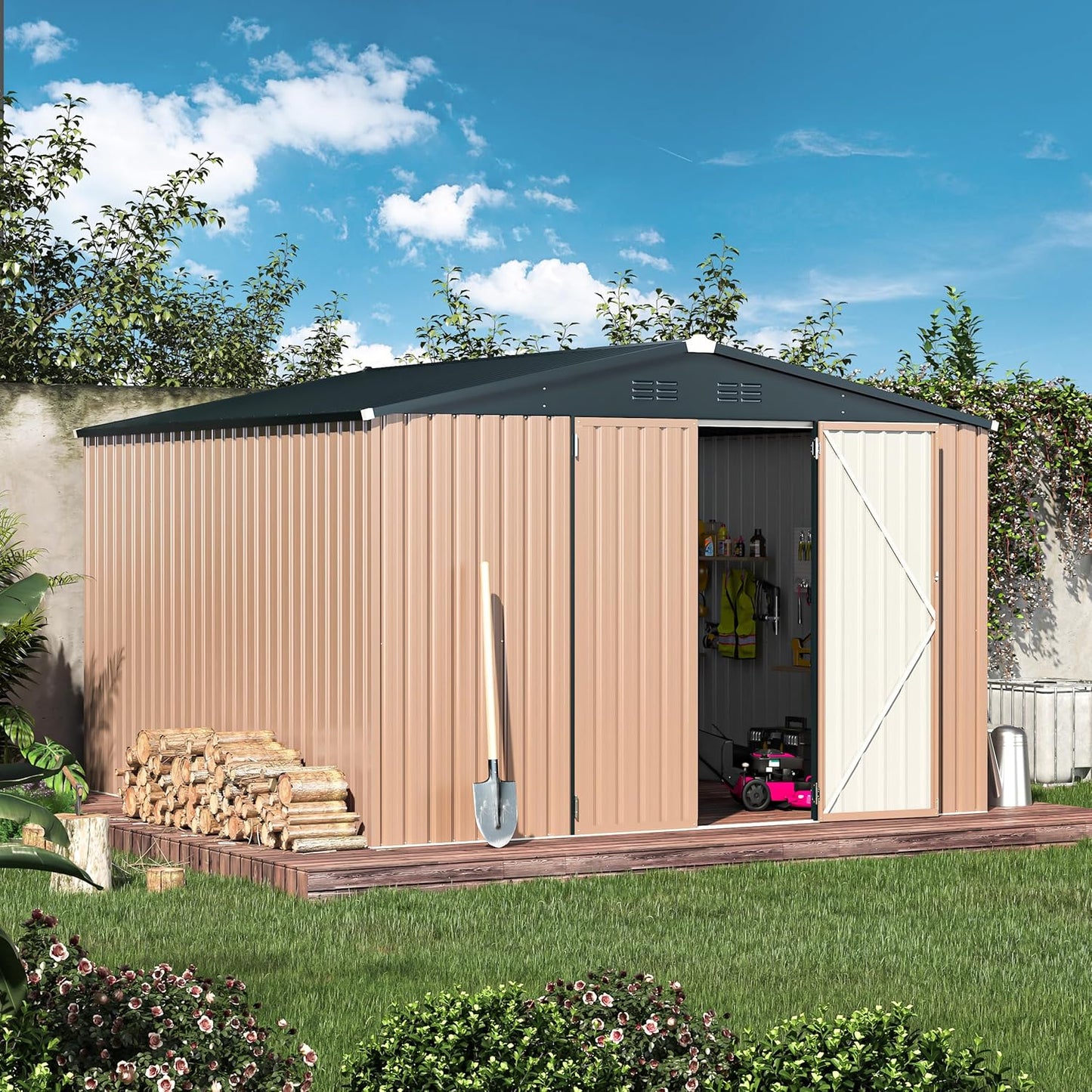 AECOJOY 10'x10' Outdoor Storage Shed, Large Metal Sheds & Outdoor Storage Clearance Steel Yard Shed with Lockable Doors, Utility and Tool Storage Garden Sheds for Barkyard, Patio and Outside Use