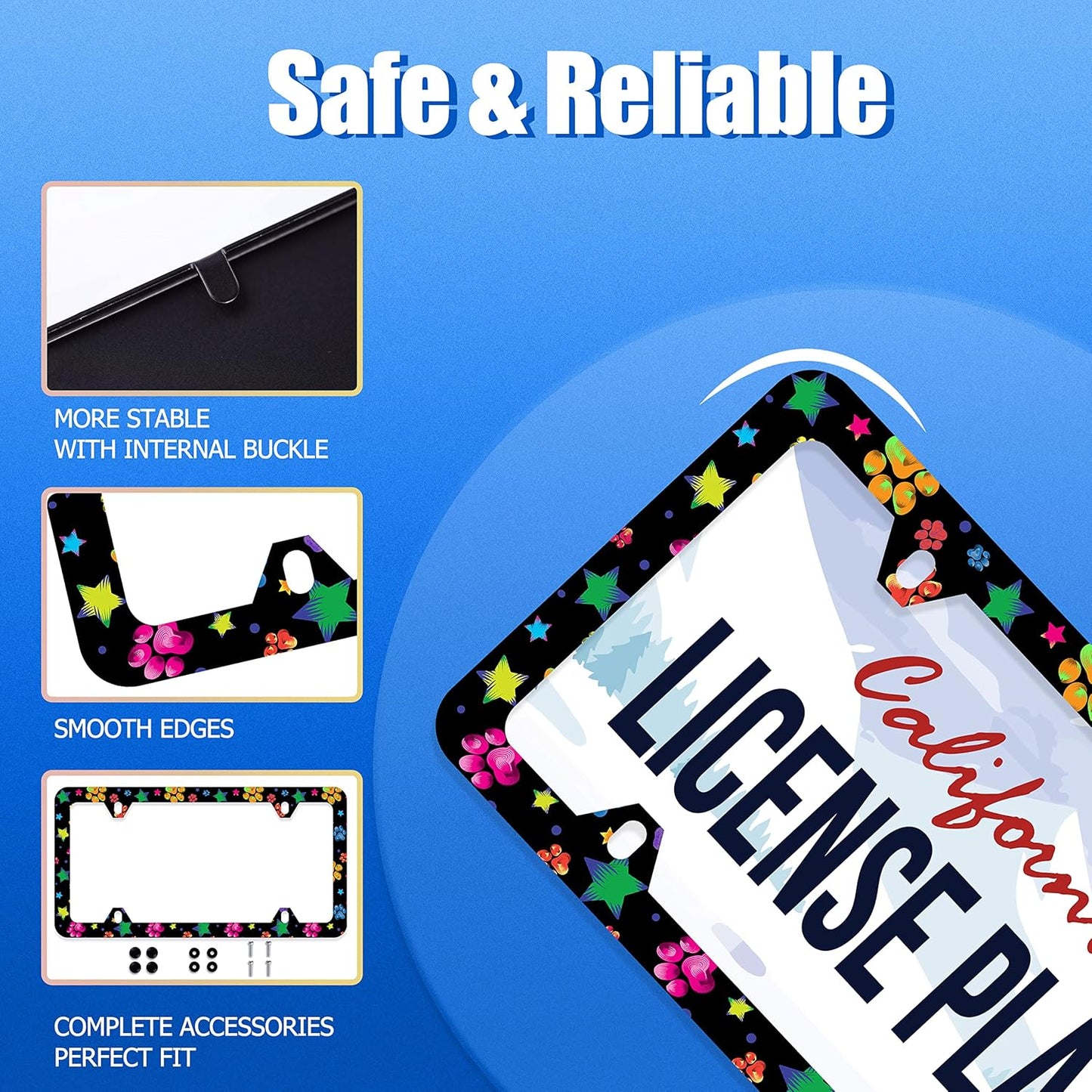 Colorful Animal Paw and Star License Plate Frame Colorful License Plate Stainless Steel Parts Funny License Plate Decorative with Screws Size 12.3" x 6.3" for Men Women