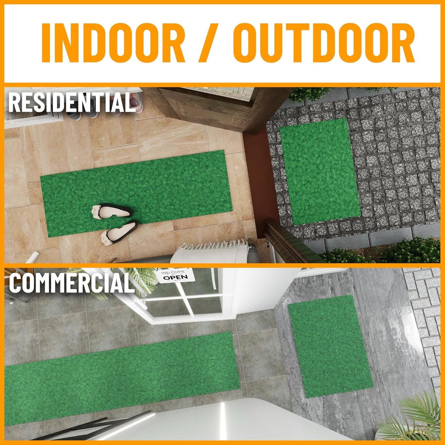 Ottomanson 2' x 18' Hallway Runner with Scraper Pile Extra Durable Non-Slip Rug Mat for Indoor & Outdoor Use - Ideal for Kitchen, Entryway, Patio & Garage - High-Traffic Carpet, Green