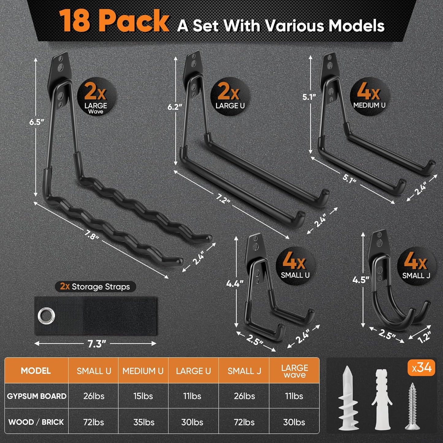 Nacial 18 Pack Garage Hooks Heavy Duty, Utility Steel Garage Storage Hook with 2 Storage Straps, Utility Garage Wall Mount Hooks for Hanging Bike, Ladder and Garden Tools, Perfect for Father Day Gifts