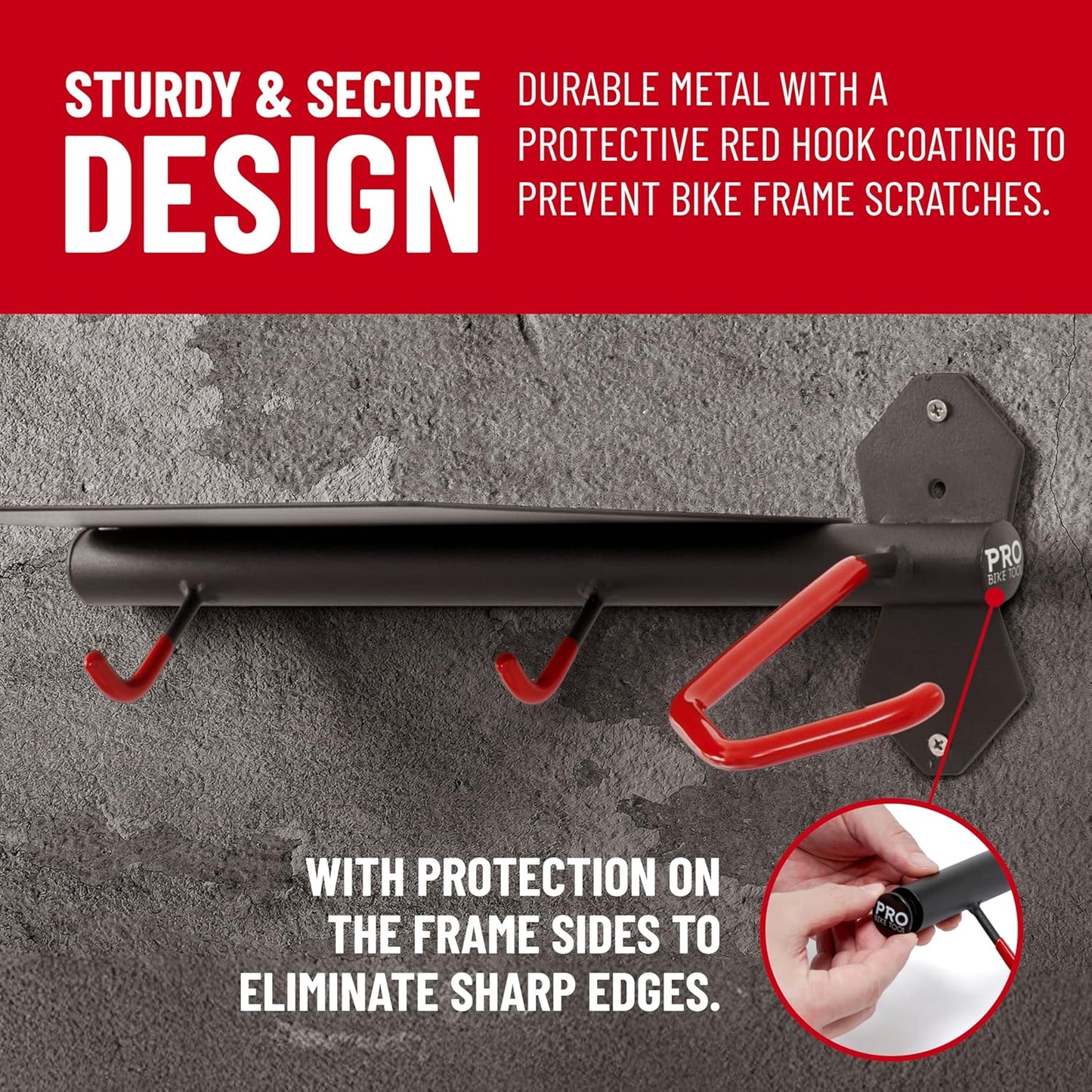 PRO BIKE TOOL Bike Storage Rack - Indoor Bike Rack for Bicycle and Accessories - Compact Steel Bike Holder - Easy Installation - Black and Red - Durable Metal Construction for Home or Garage